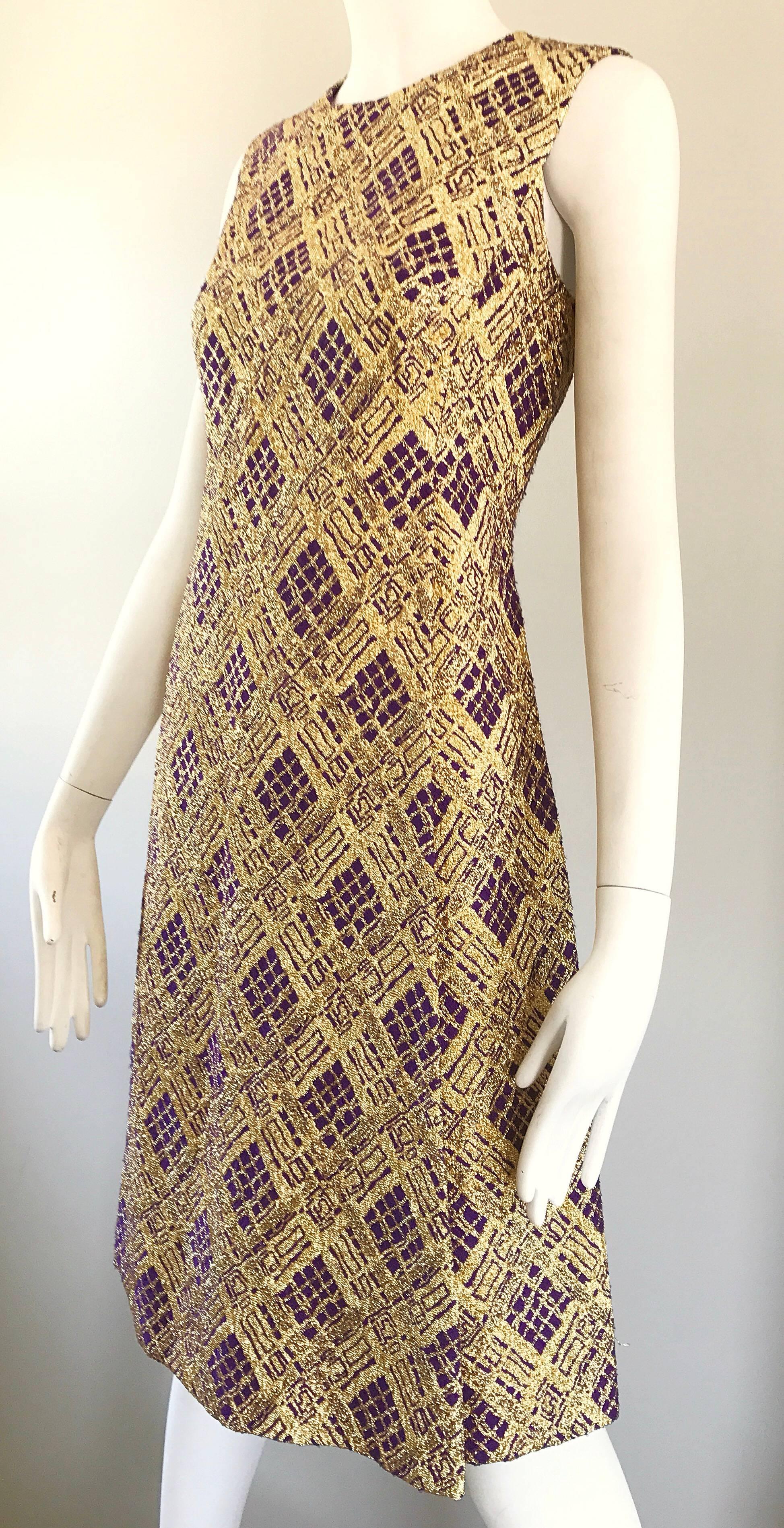 Women's 1960s Royal Lynne Gold + Purple Metallic Lurex British Hong Kong A Line Dress  For Sale