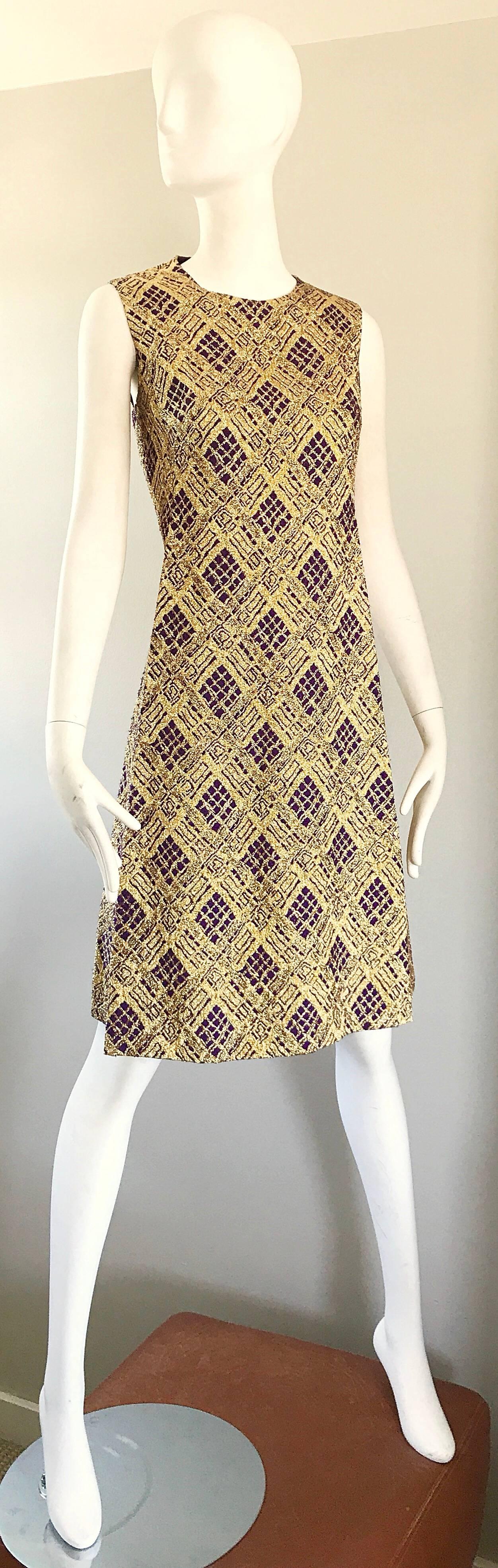 1960s Royal Lynne Gold + Purple Metallic Lurex British Hong Kong A Line Dress  For Sale 1