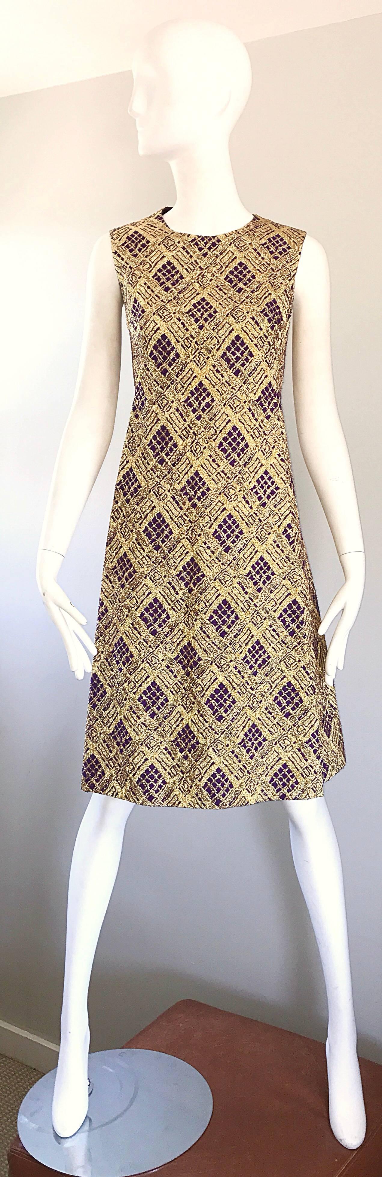 1960s Royal Lynne Gold + Purple Metallic Lurex British Hong Kong A Line Dress  For Sale 2