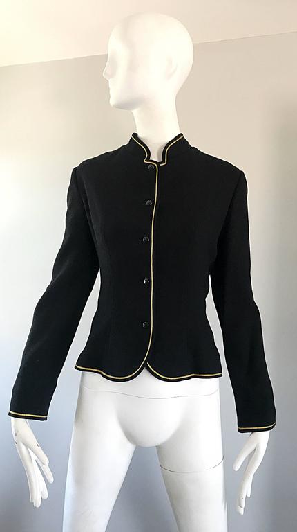 Chic 1960s GEOFFREY BEENE black and gold military inspired wool jacket! This rare gem is from Beene's early days as a fashion designer, shortly after he left as head designer at Teal Traina. Sleek tailored fit with a Mondrian collar. Five black