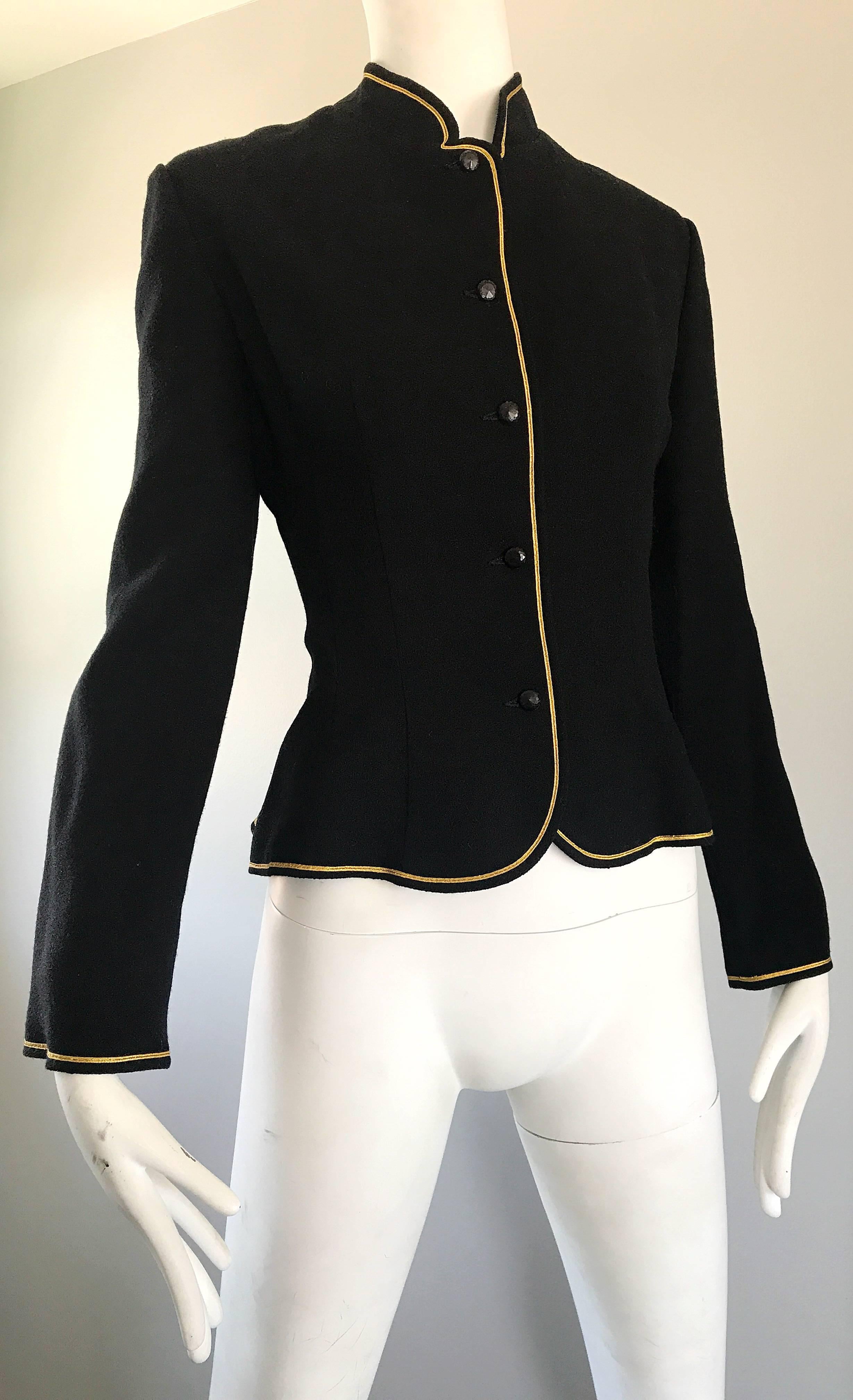 Women's 1960s Geoffrey Beene Black and Gold Military Inspired Vintage 60s Wool Jacket