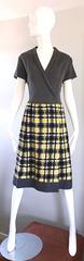 1960s Yellow, Gray, Black, White Wool Plaid Vintage 60s Wrap Style A Line Dress