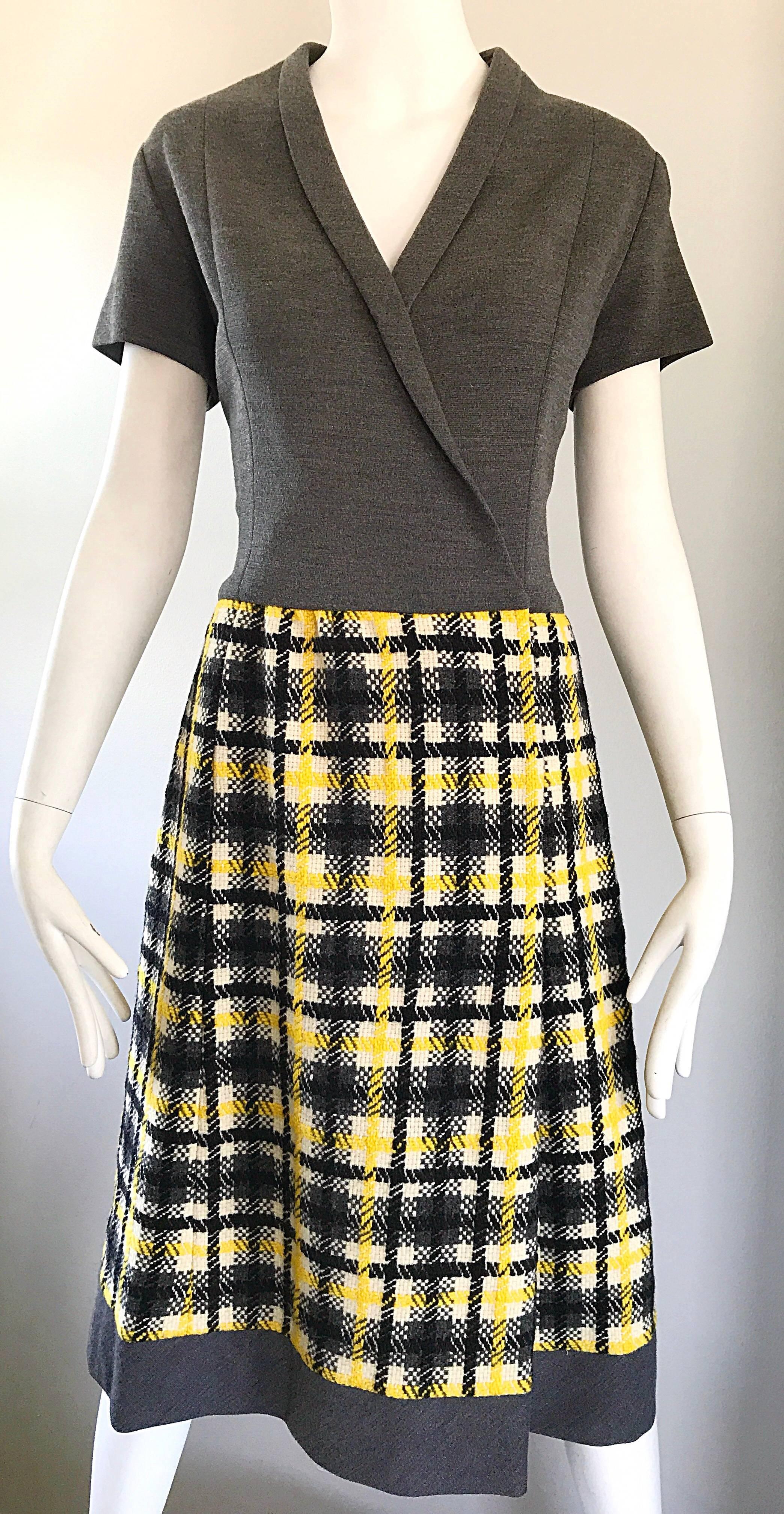 Women's 1960s Yellow, Gray, Black, White Wool Plaid Vintage 60s Wrap Style A Line Dress For Sale