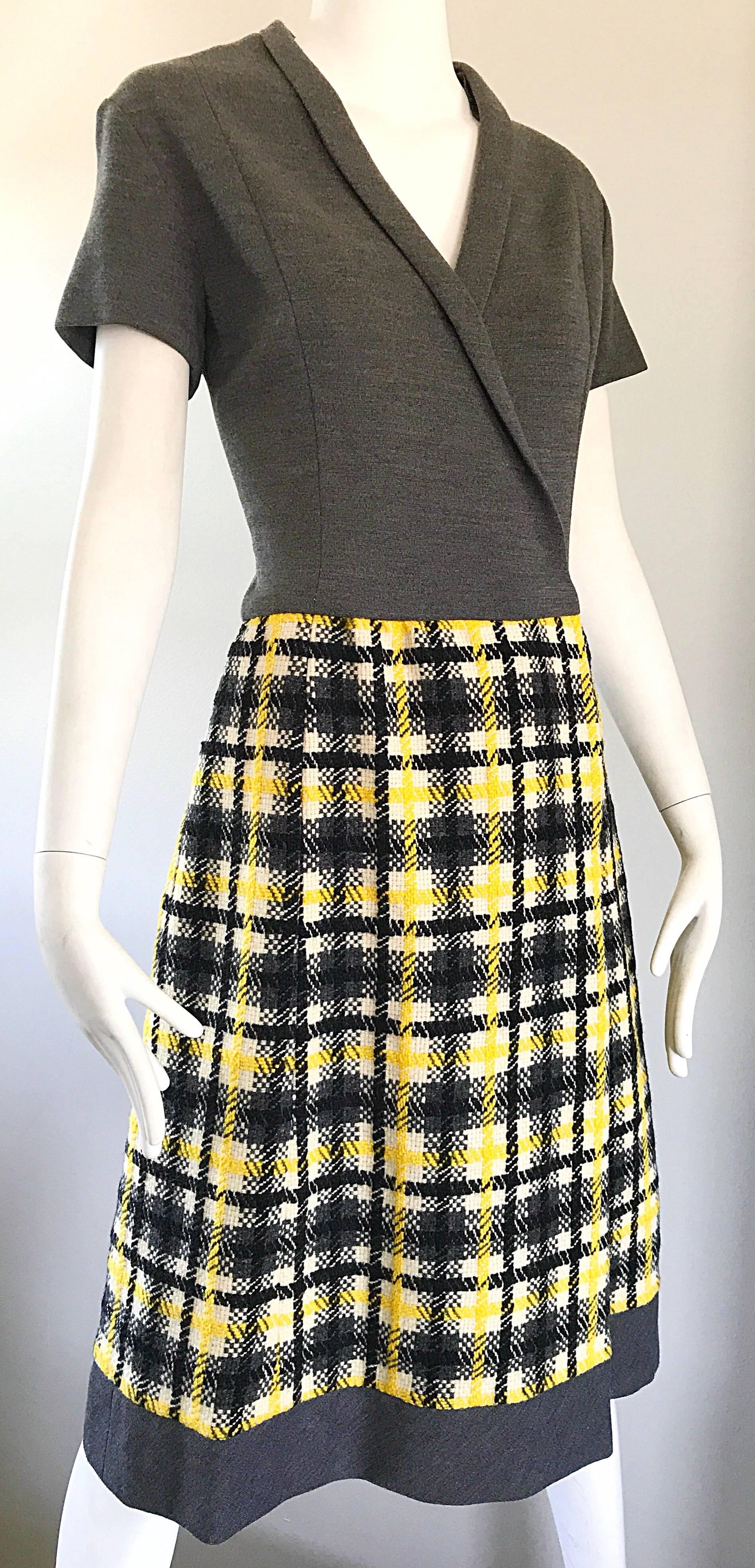 1960s Yellow, Gray, Black, White Wool Plaid Vintage 60s Wrap Style A Line Dress For Sale 1