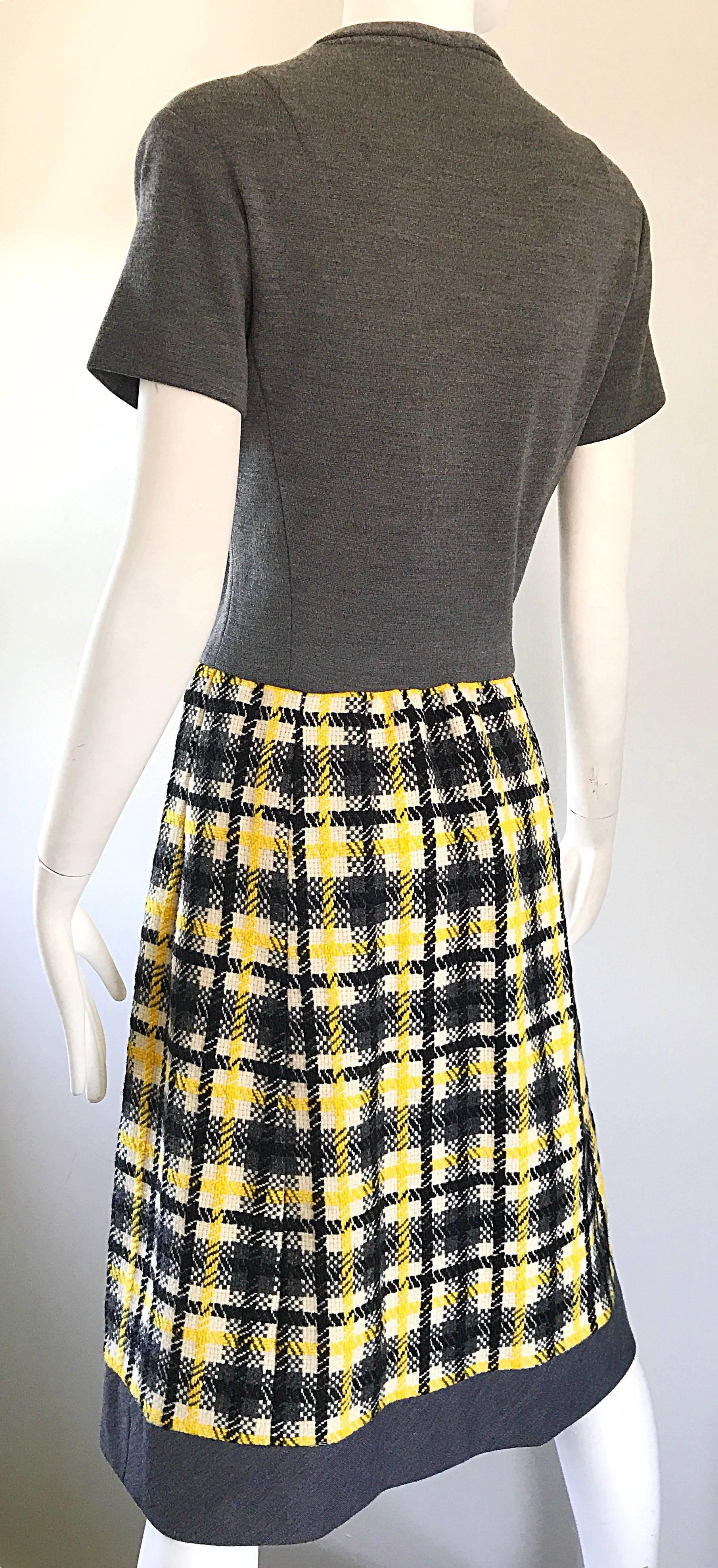 1960s Yellow, Gray, Black, White Wool Plaid Vintage 60s Wrap Style A Line Dress For Sale 2