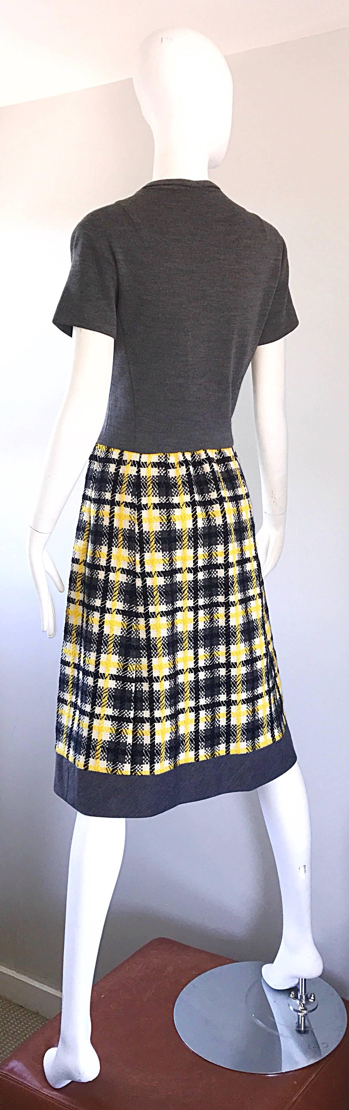 1960s Yellow, Gray, Black, White Wool Plaid Vintage 60s Wrap Style A Line Dress For Sale 3