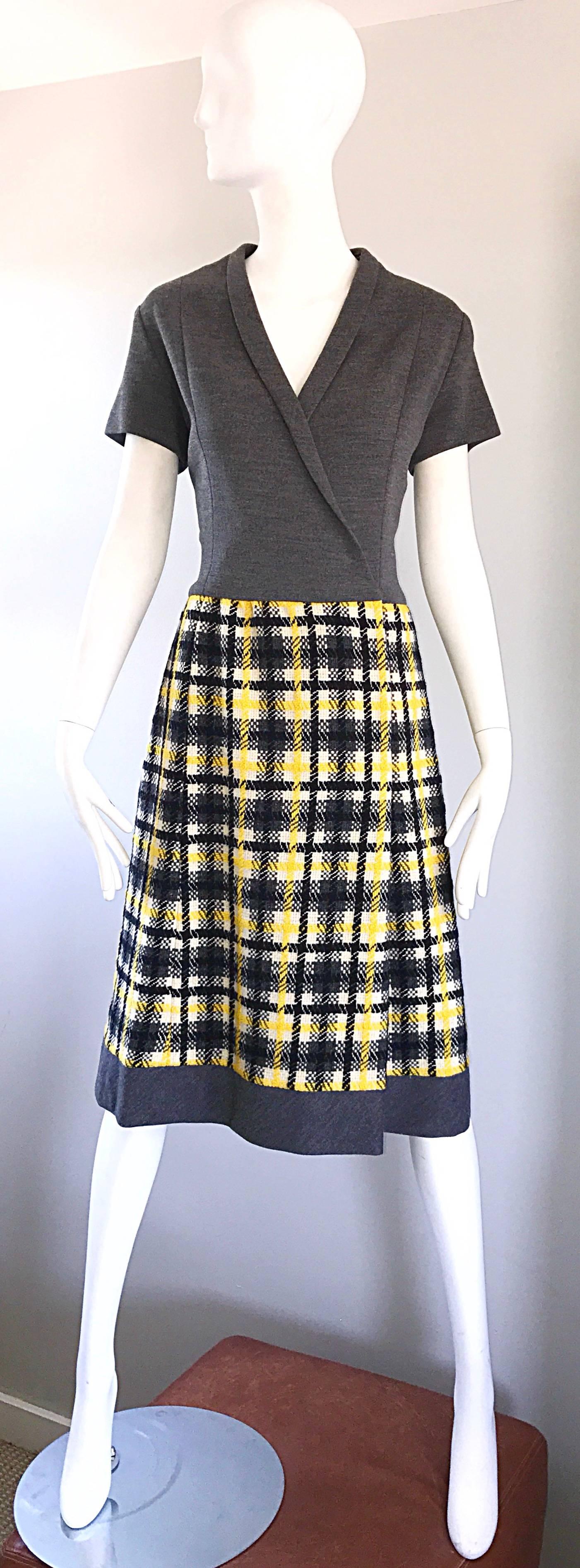 1960s Yellow, Gray, Black, White Wool Plaid Vintage 60s Wrap Style A Line Dress For Sale 4