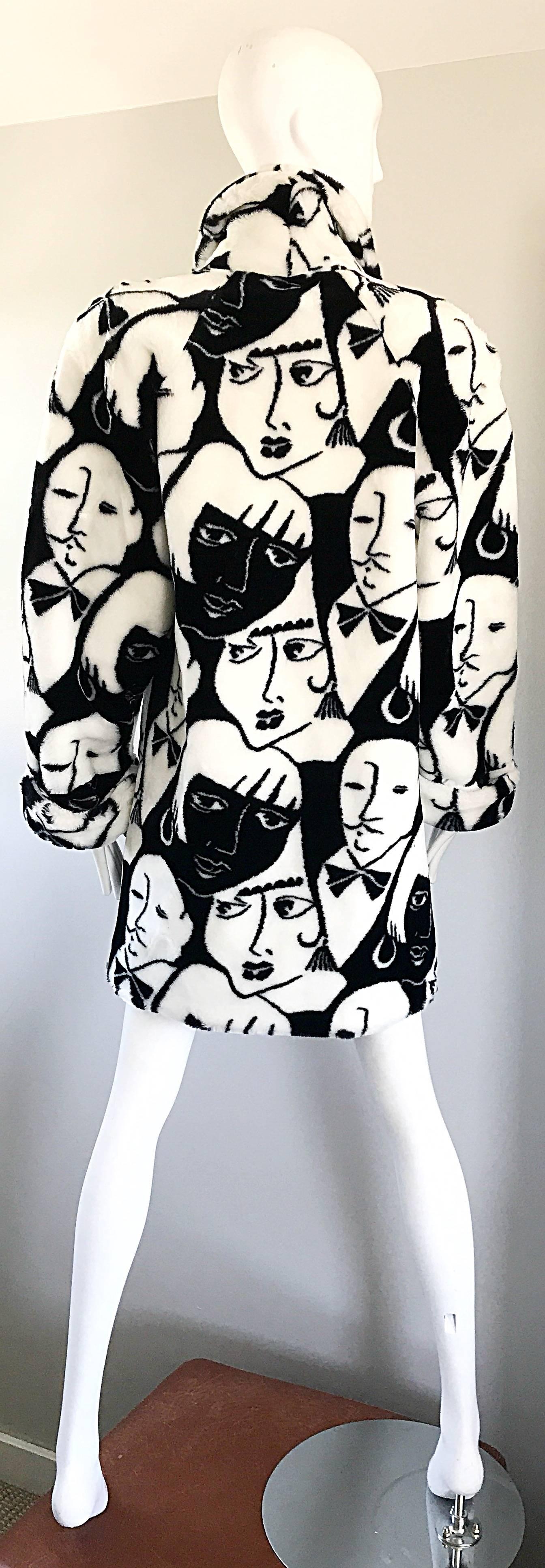 Rihanna's Rare Vintage Picasso Esque Face Print Black and White Faux Fur Jacket In New Condition In San Diego, CA