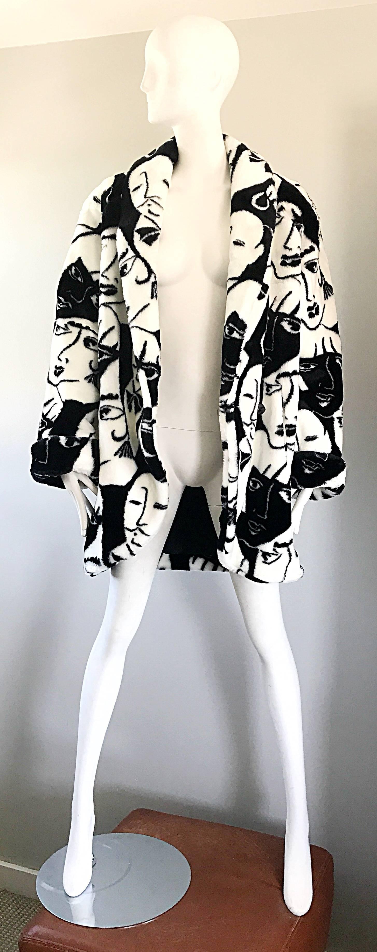 Women's or Men's Rihanna's Rare Vintage Picasso Esque Face Print Black and White Faux Fur Jacket