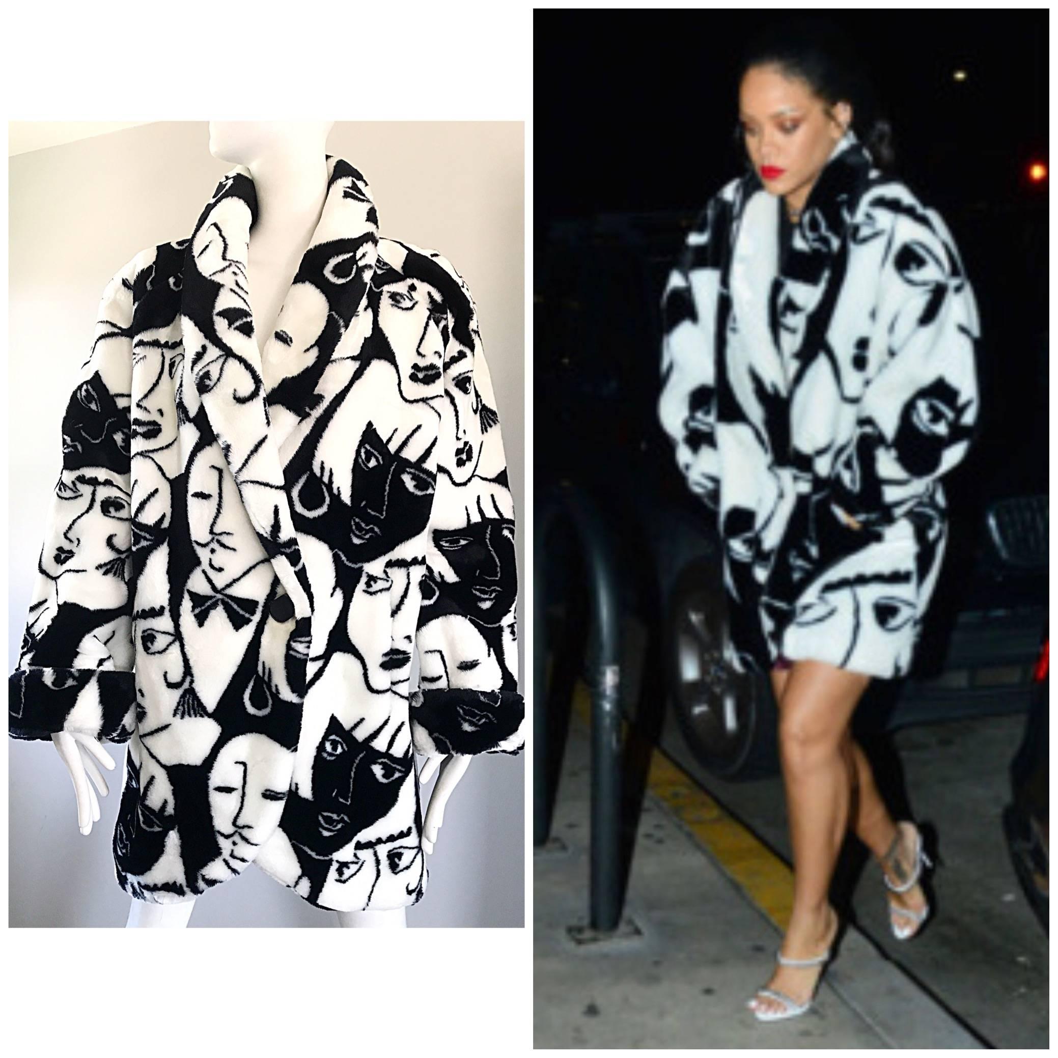 Rihanna's Rare Vintage Picasso Esque Face Print Black and White Faux Fur Jacket 1