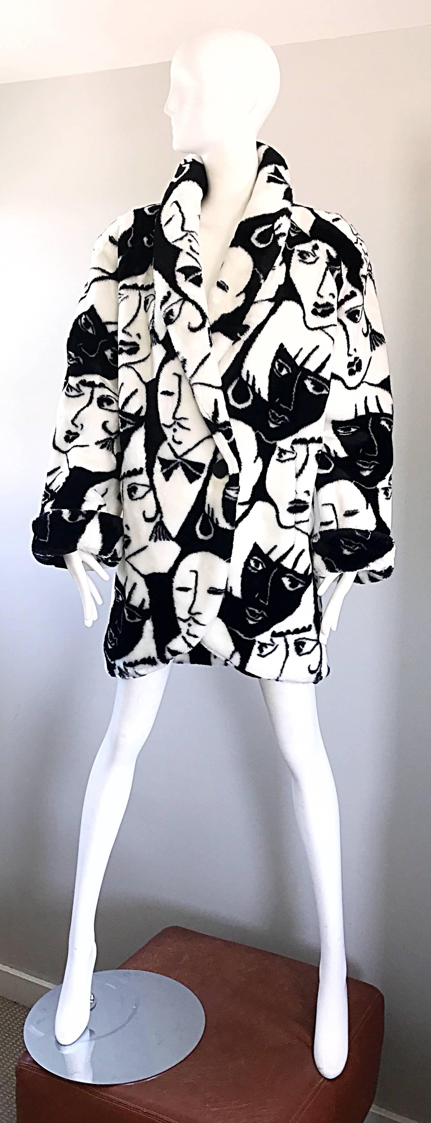 Rihanna's Rare Vintage Picasso Esque Face Print Black and White Faux Fur Jacket 2