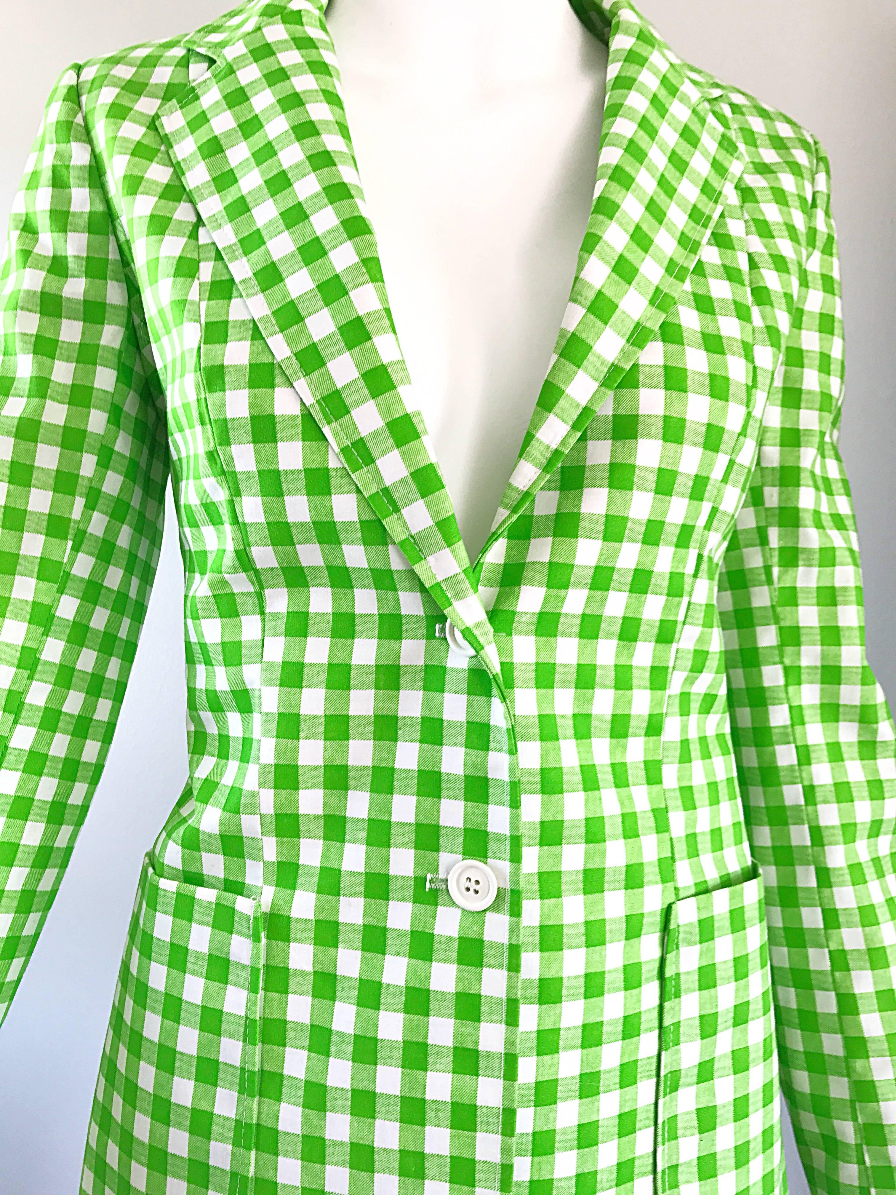 1970s Larry Levine Lime Green + White Gingham Vintage Fitted 70s Blazer Jacket  In New Condition For Sale In San Diego, CA