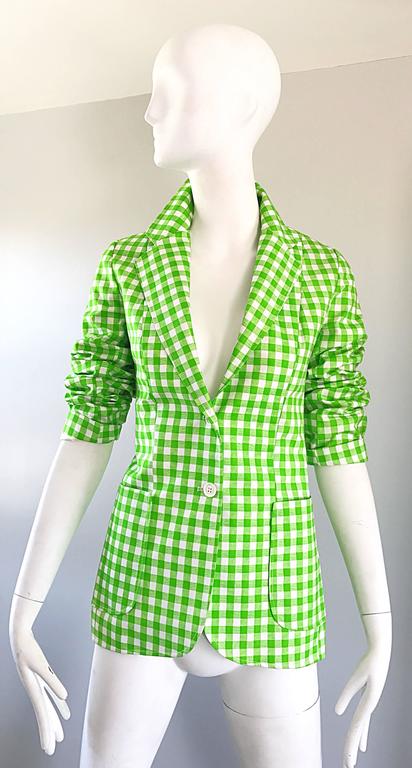 1970s Larry Levine Lime Green White Gingham Vintage Fitted 70s Blazer Jacket For Sale at 1stDibs larry levine coat vintage larry levine blazer green gingham blazer