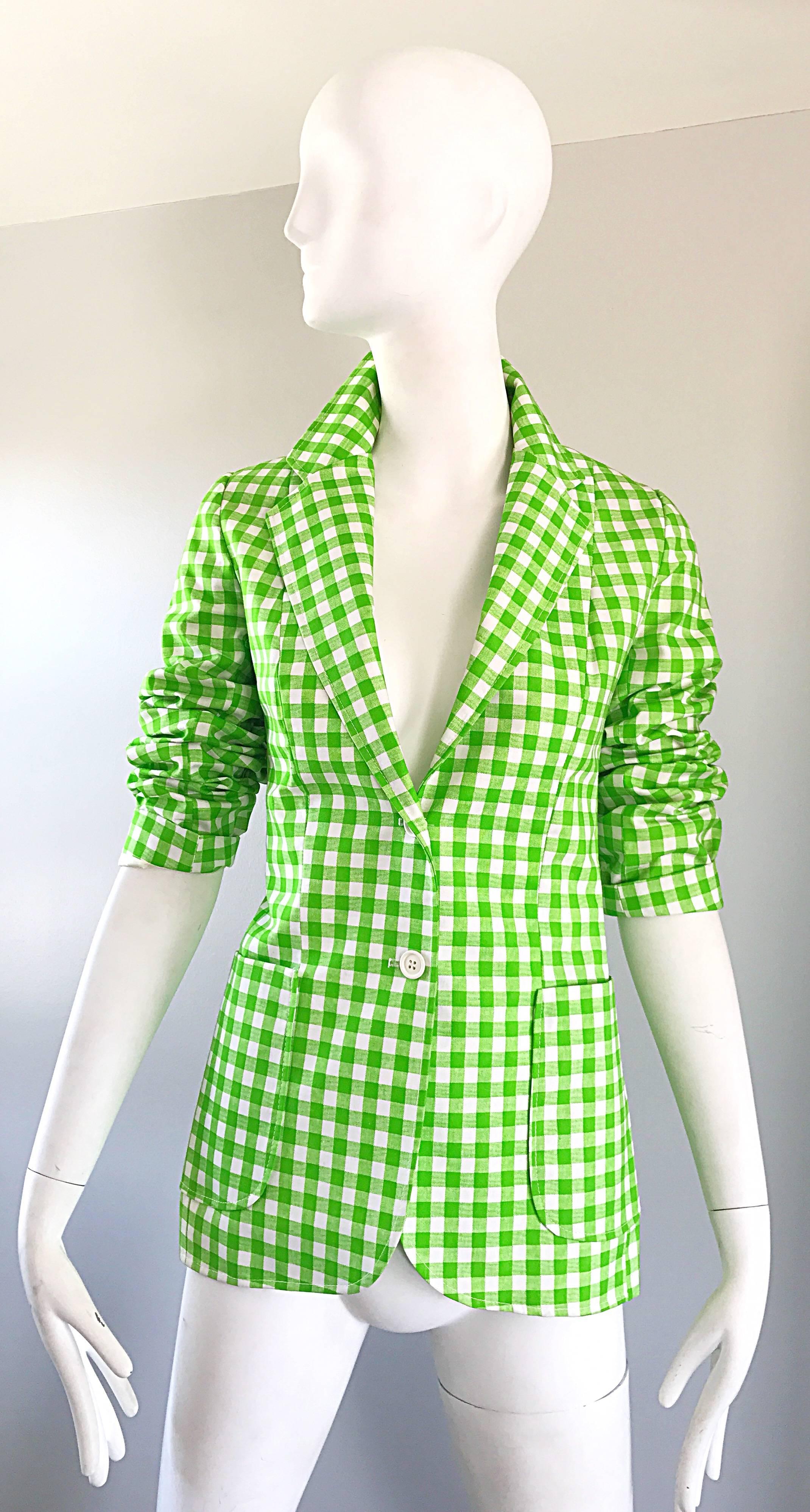 1970s Larry Levine Lime Green + White Gingham Vintage Fitted 70s Blazer Jacket  For Sale 1