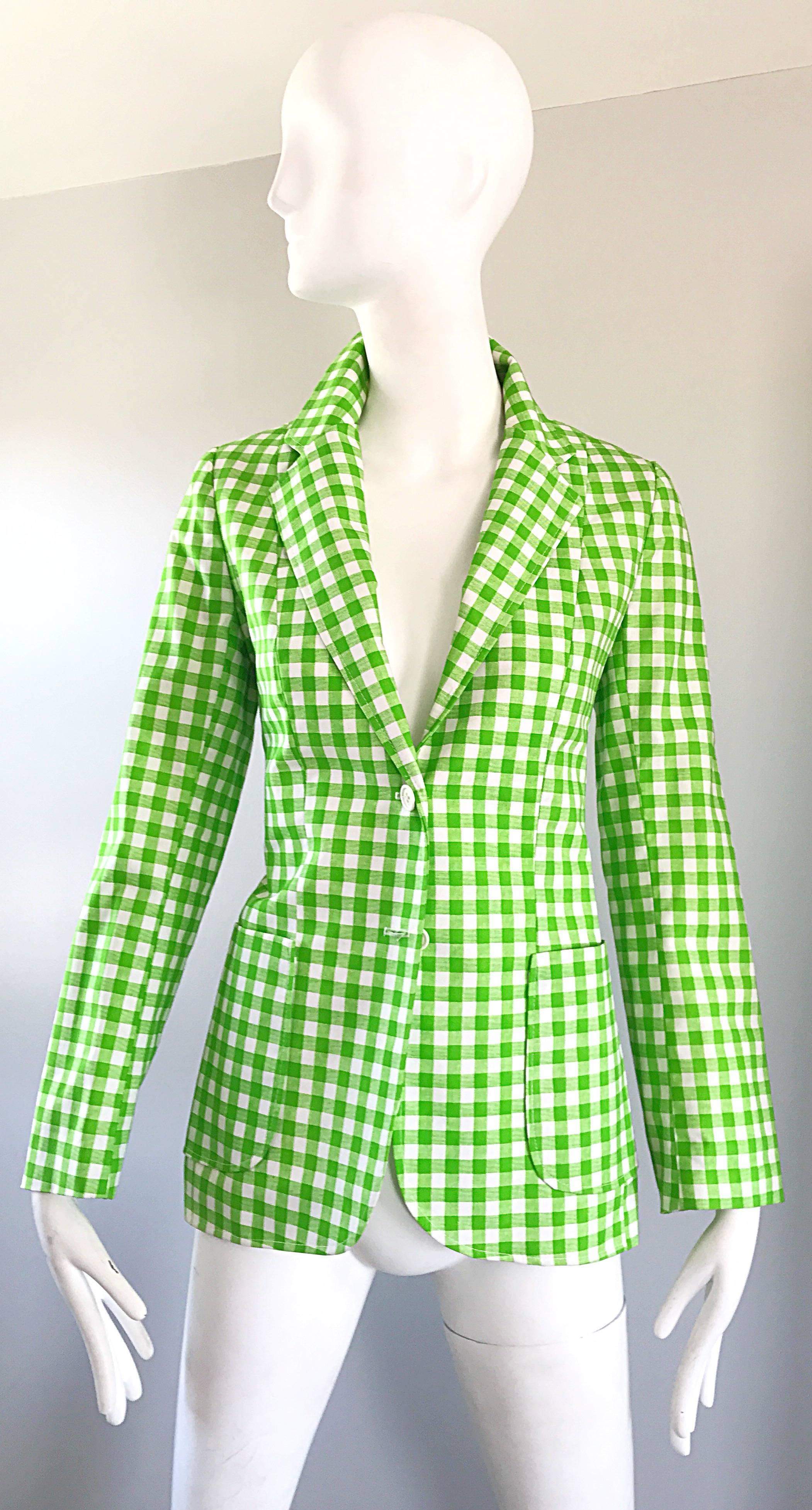1970s Larry Levine Lime Green + White Gingham Vintage Fitted 70s Blazer Jacket  For Sale 2