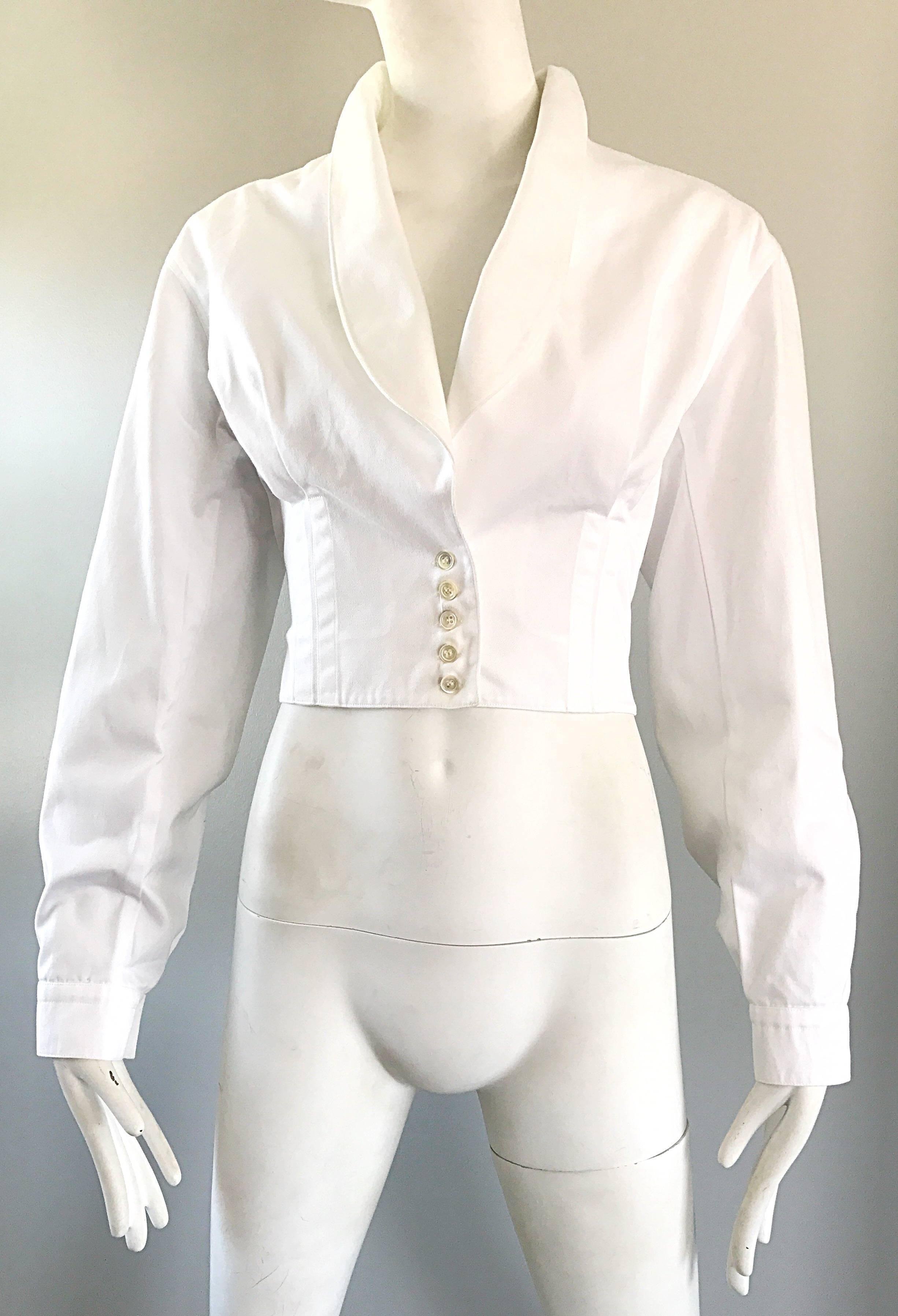Vintage Azzedine Alaia White Cotton Fitted Cropped Lightweight Corset Jacket  In Excellent Condition In San Diego, CA