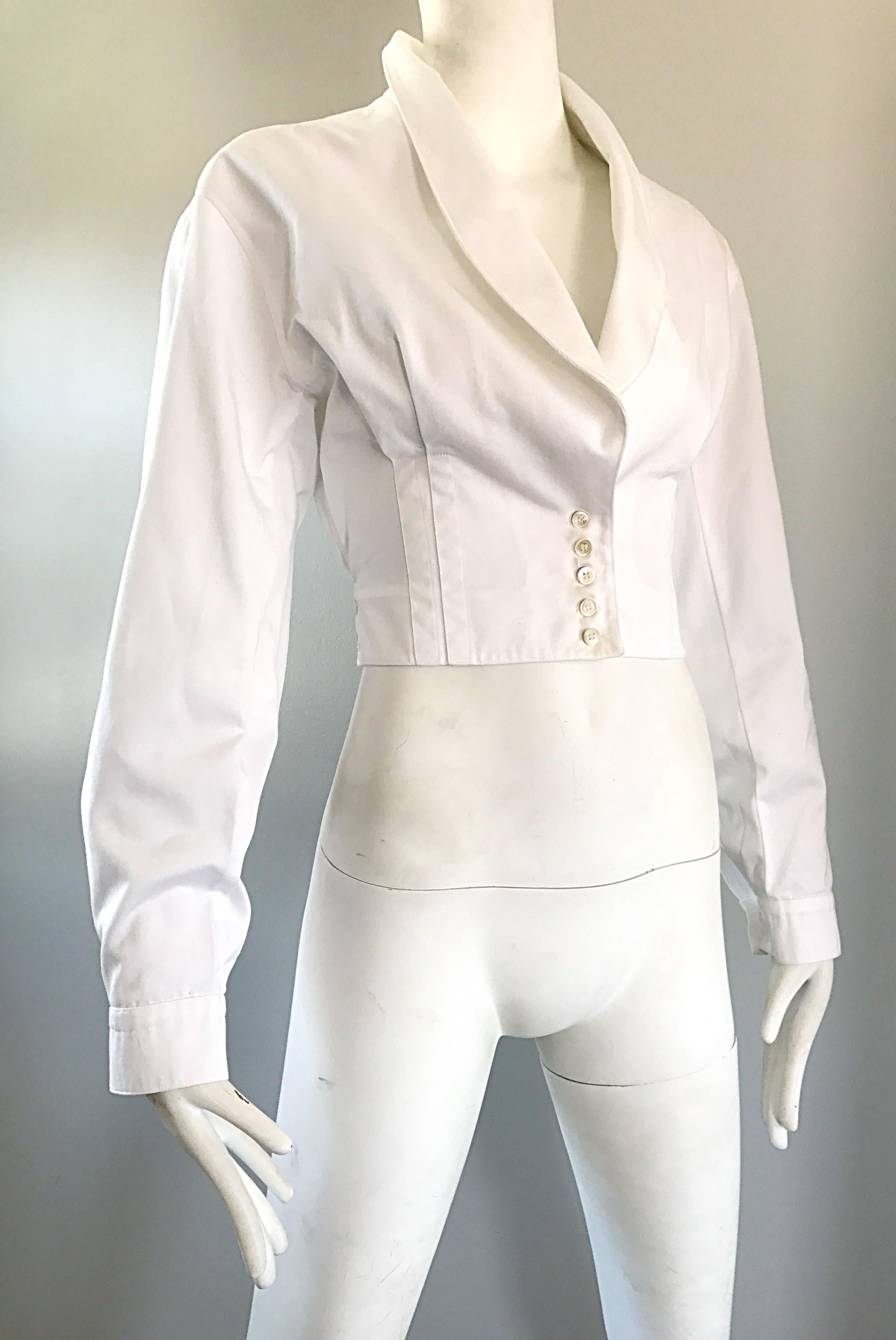 Vintage Azzedine Alaia White Cotton Fitted Cropped Lightweight Corset Jacket  1