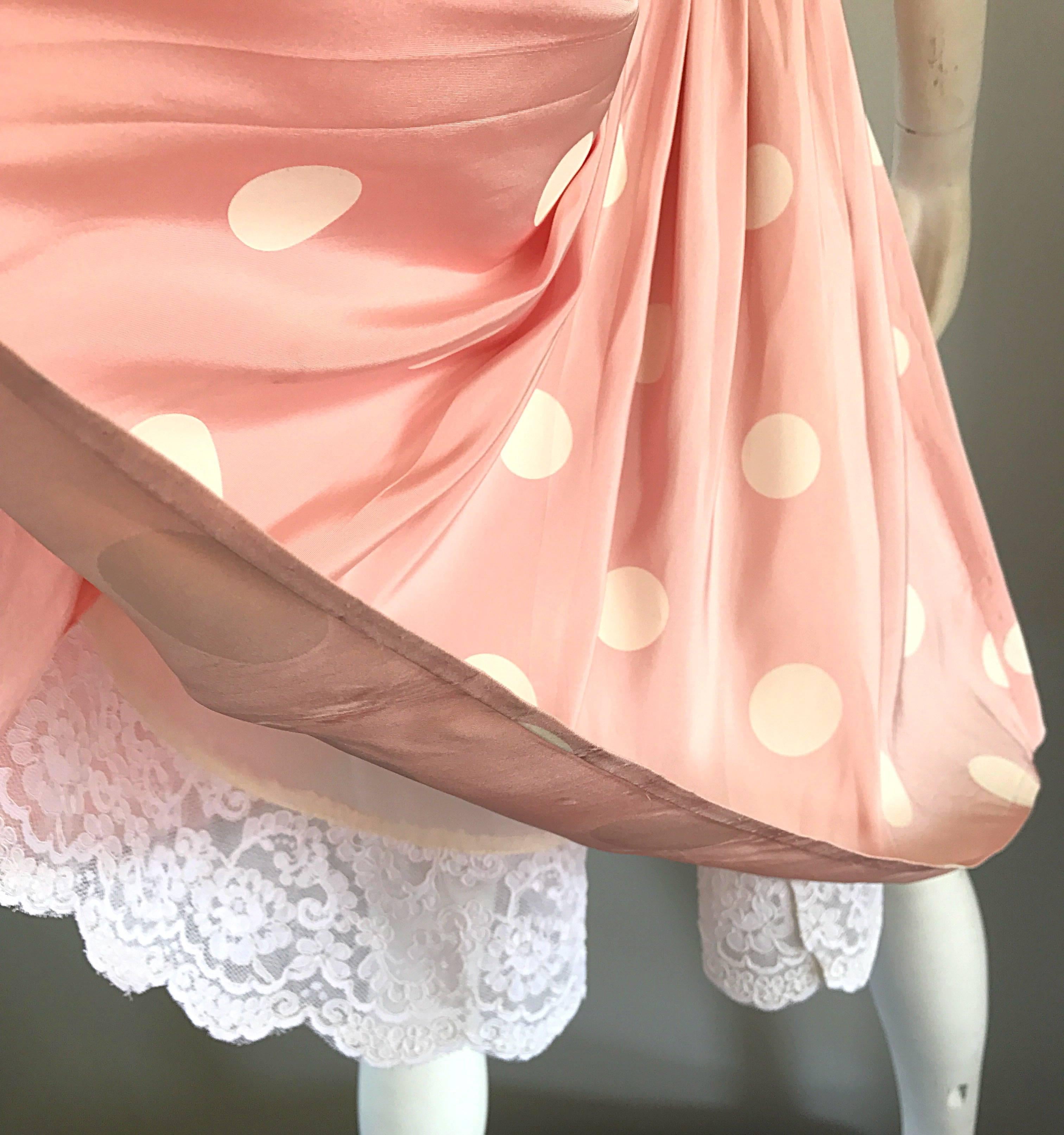 Beige Bill Blass Pink White Polka Dot Hand Painted Fit and Flare Vintage Dress, 1990 For Sale