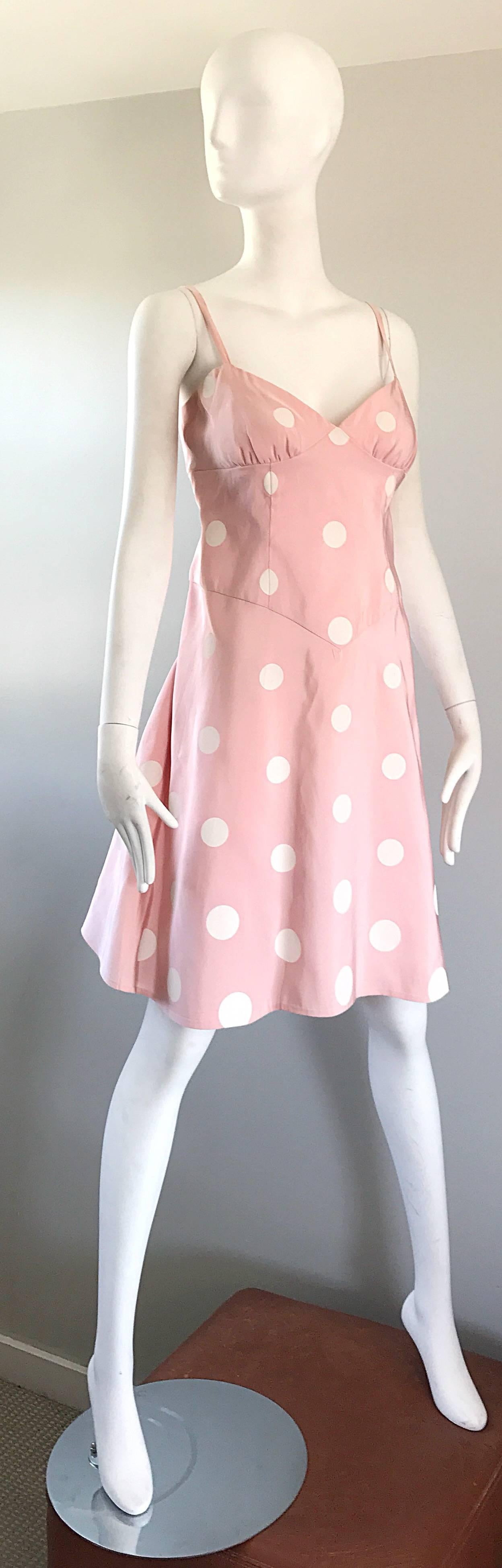Bill Blass Pink White Polka Dot Hand Painted Fit and Flare Vintage Dress, 1990 In Excellent Condition For Sale In San Diego, CA