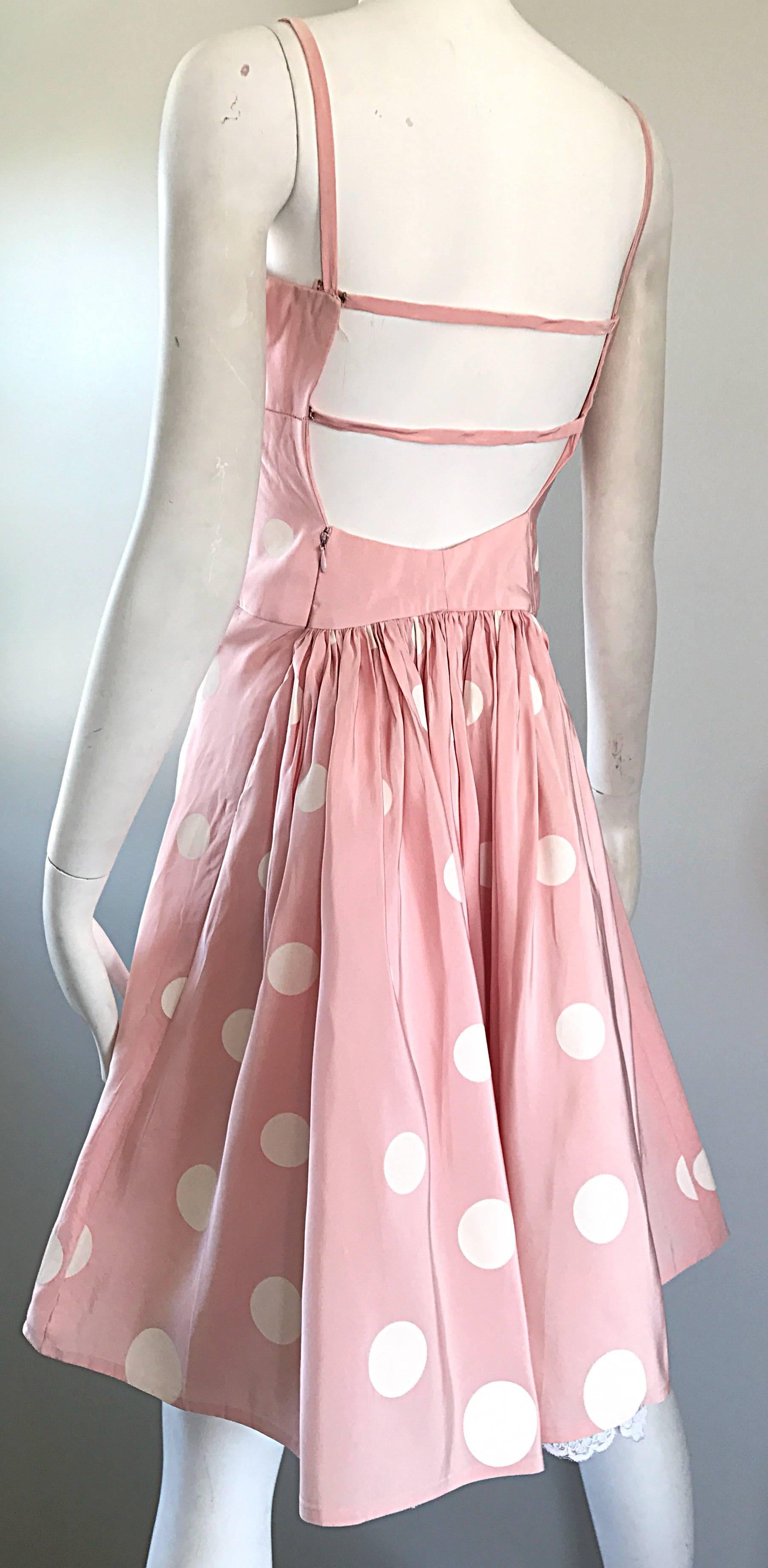 Women's Bill Blass Pink White Polka Dot Hand Painted Fit and Flare Vintage Dress, 1990 For Sale