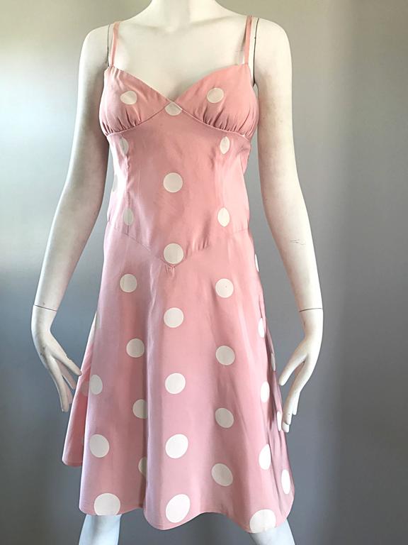 Bill Blass Pink White Polka Dot Hand Painted Fit and Flare Vintage Dress, 1990 For Sale 2