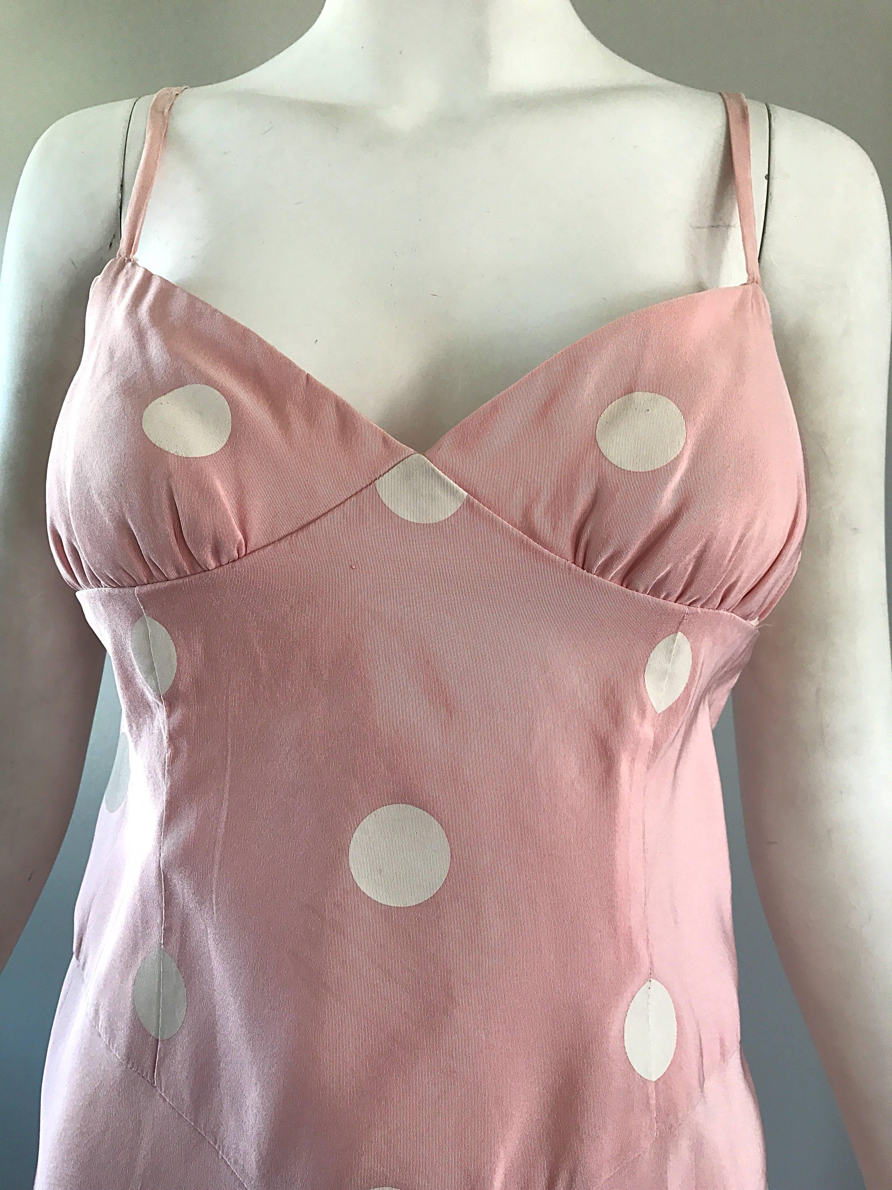 Bill Blass Pink White Polka Dot Hand Painted Fit and Flare Vintage Dress, 1990 For Sale 2
