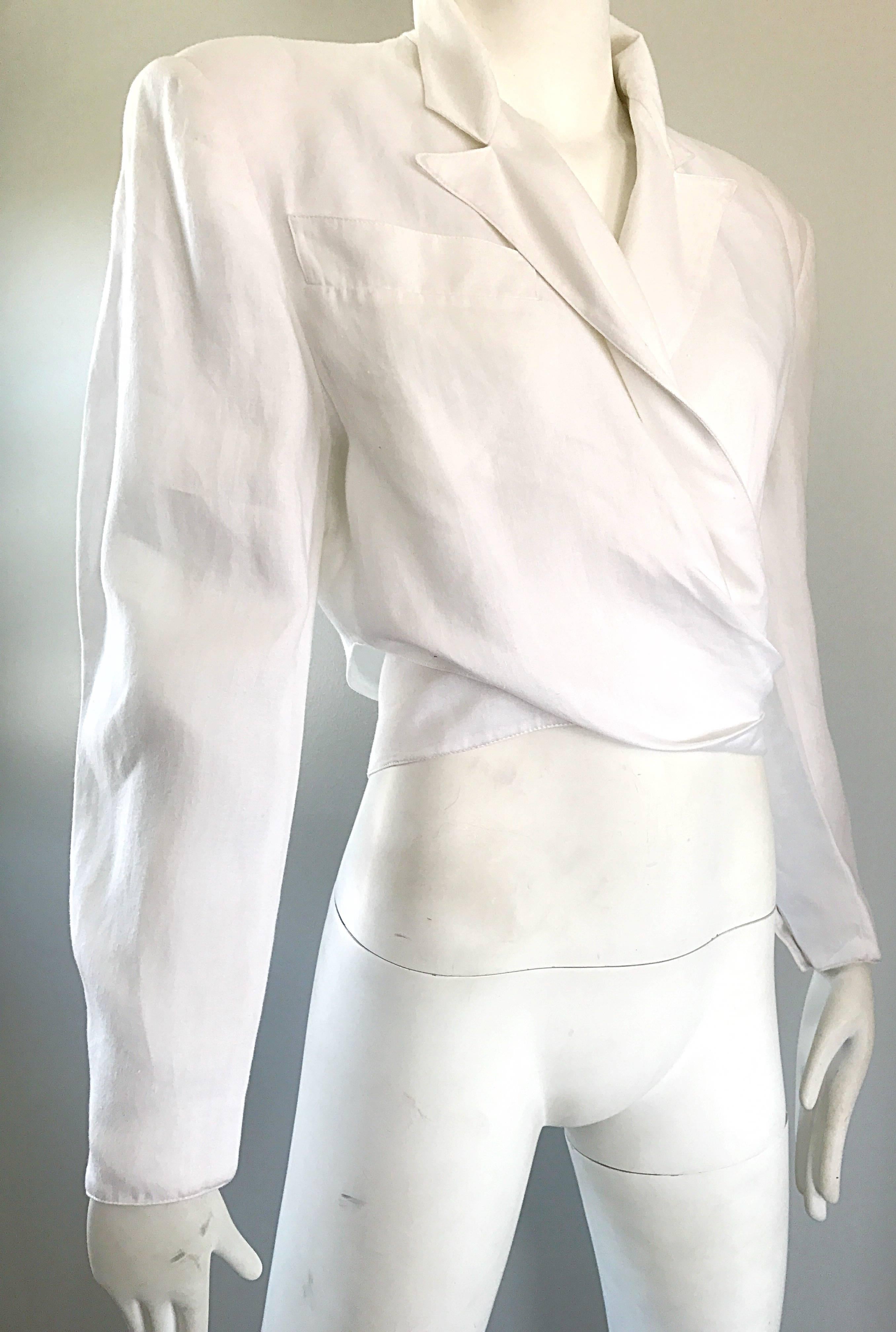 Claude Montana White Linen Avant Garde Vintage Cropped Wrap Jacket, 1980s   In Excellent Condition In San Diego, CA