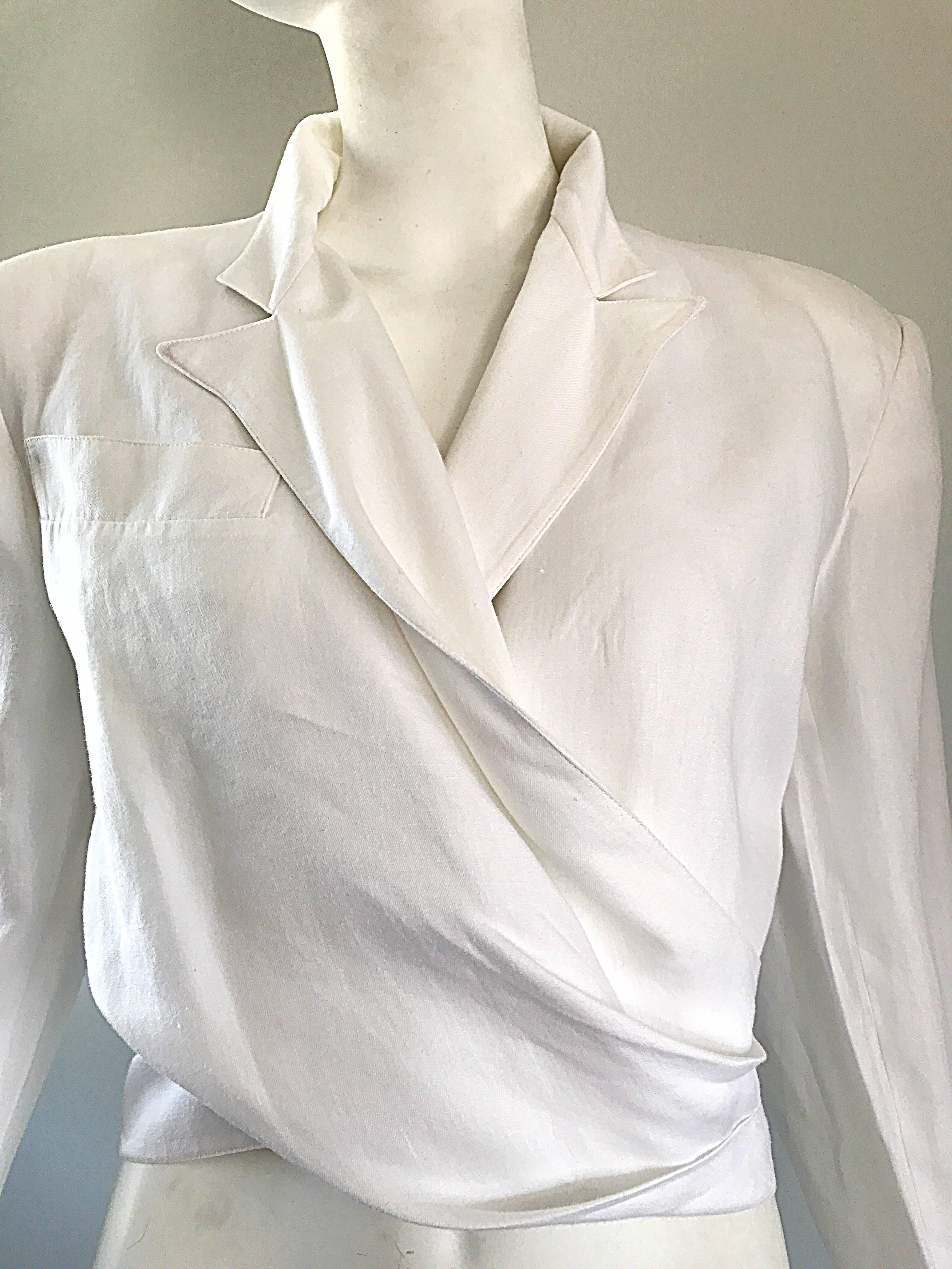 Women's Claude Montana White Linen Avant Garde Vintage Cropped Wrap Jacket, 1980s  