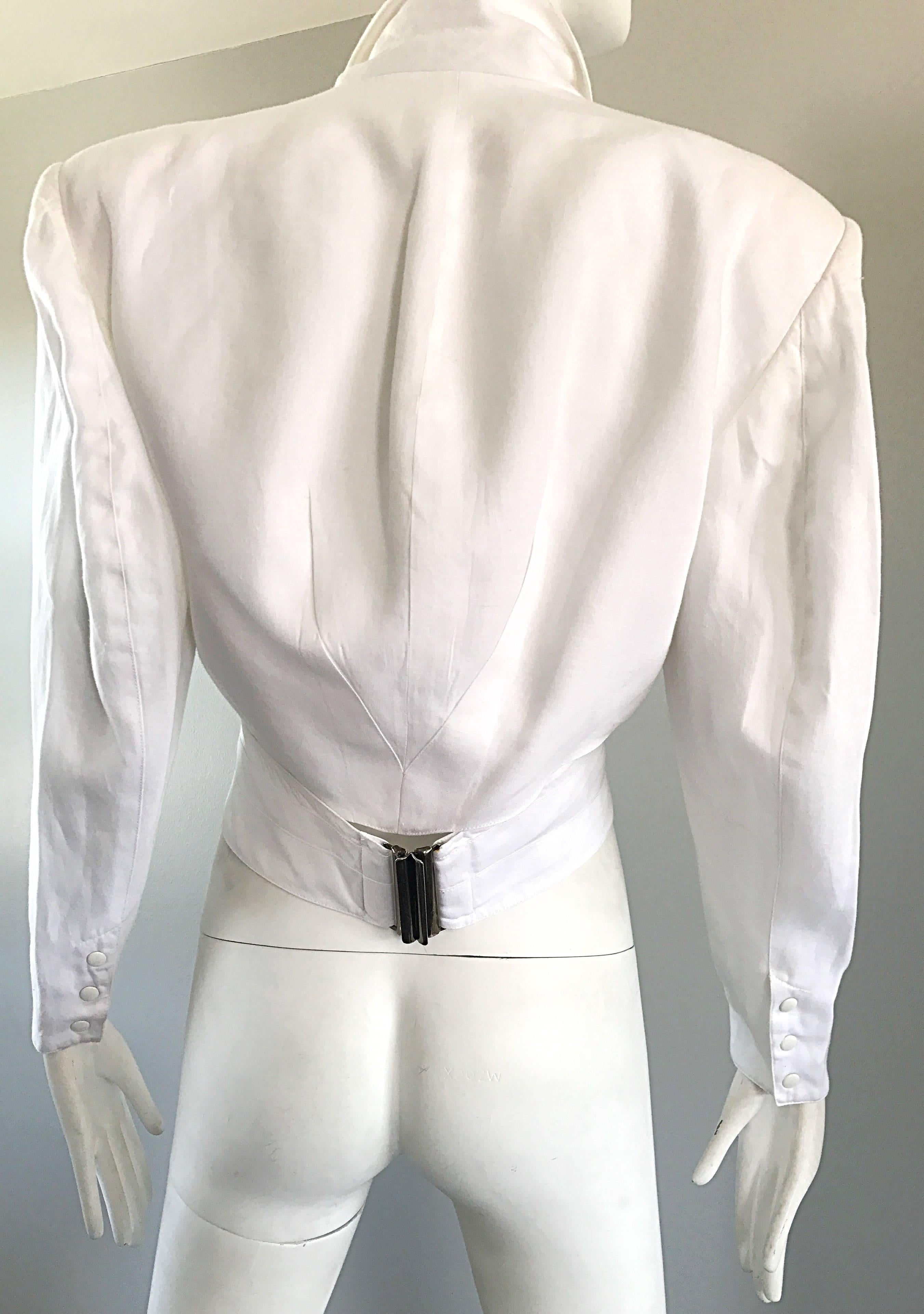 Claude Montana White Linen Avant Garde Vintage Cropped Wrap Jacket, 1980s   1