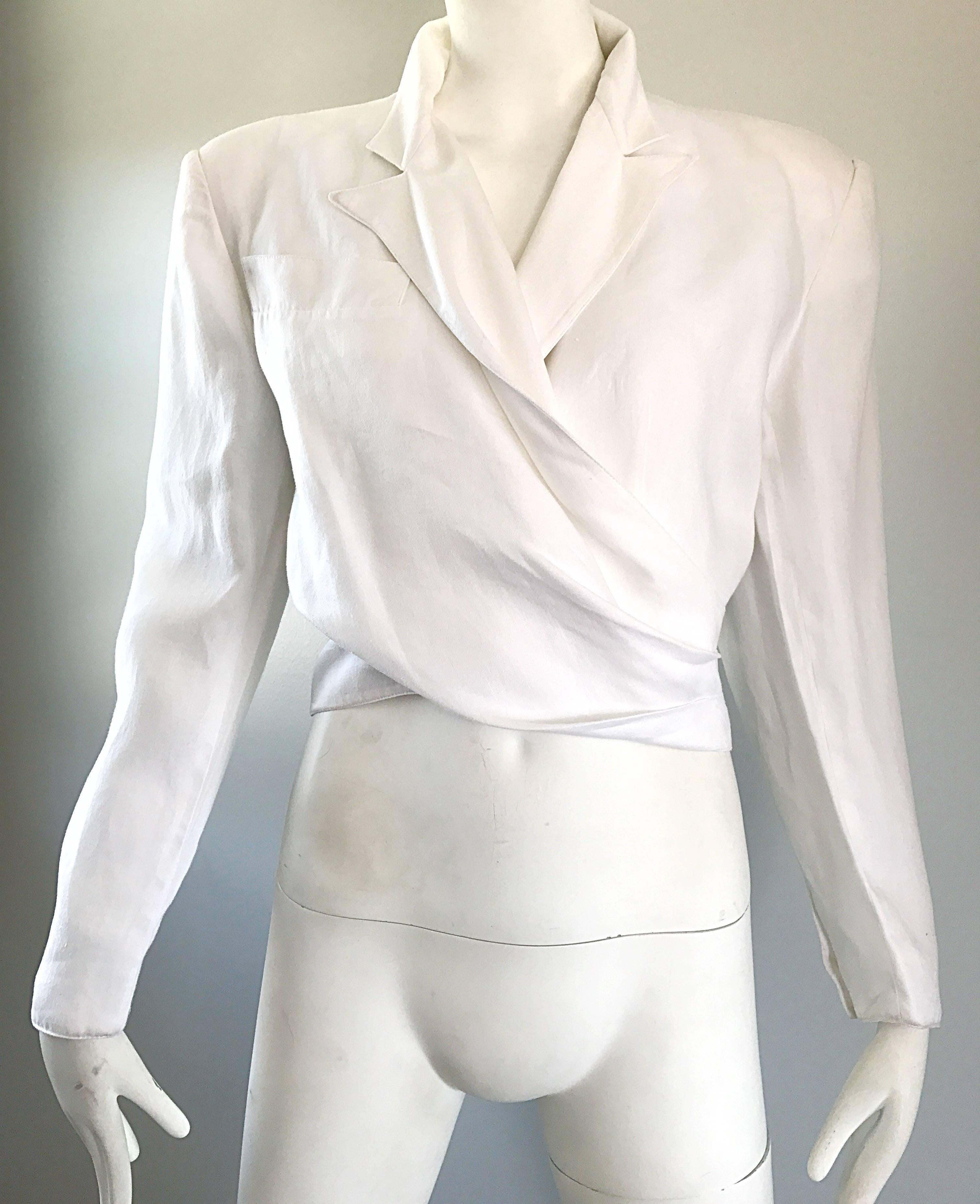 Claude Montana White Linen Avant Garde Vintage Cropped Wrap Jacket, 1980s   2
