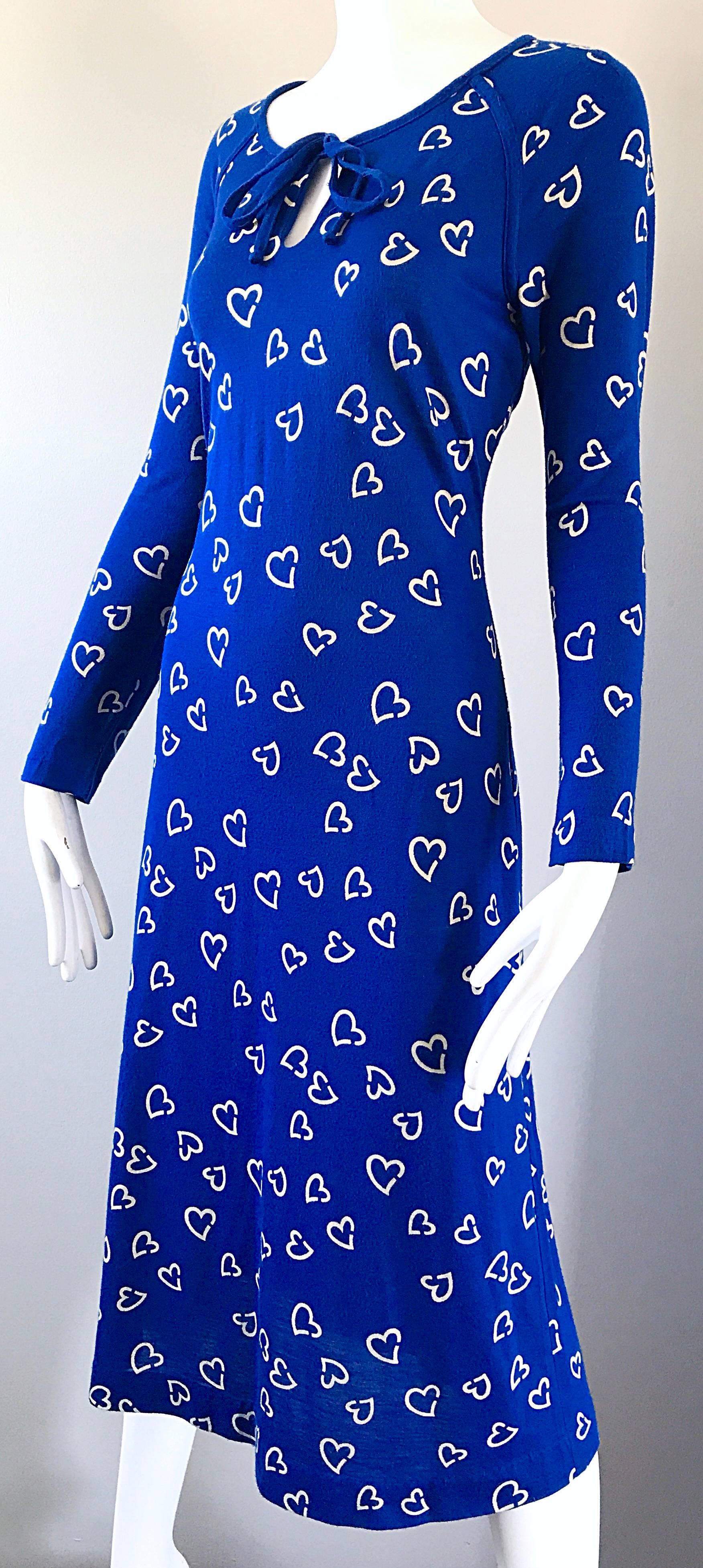 Purple Rare 1970s Diane Von Furstenberg Royal Blue + White Heart Vintage 70s Dress 