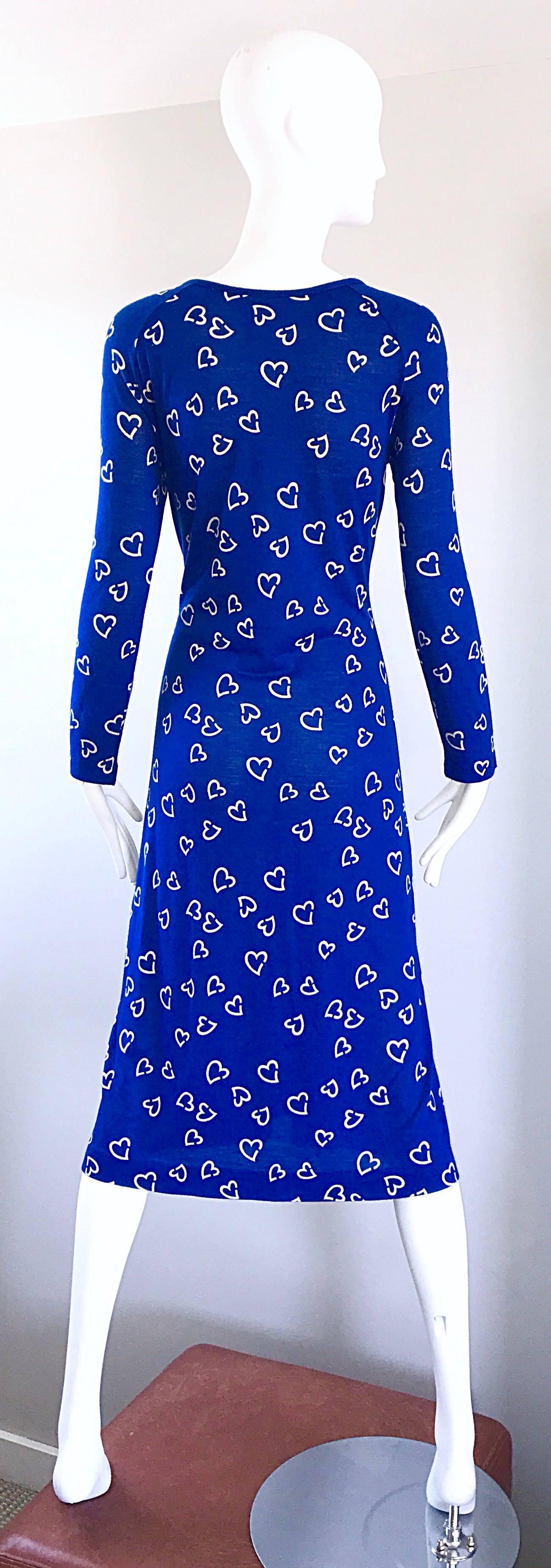 Women's Rare 1970s Diane Von Furstenberg Royal Blue + White Heart Vintage 70s Dress 