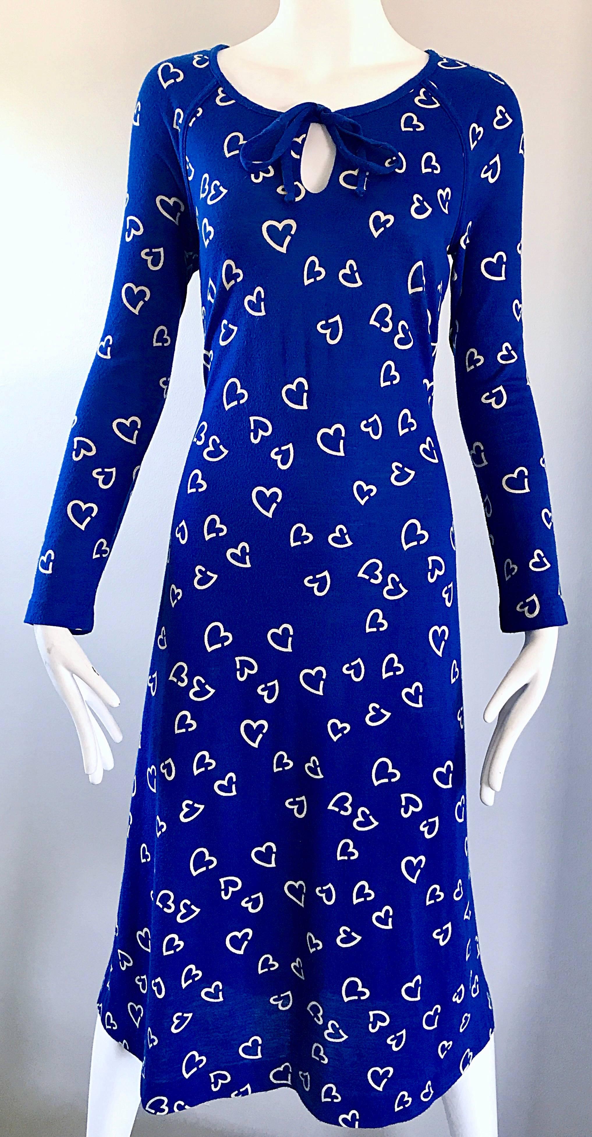 Rare 1970s Diane Von Furstenberg Royal Blue + White Heart Vintage 70s Dress  1