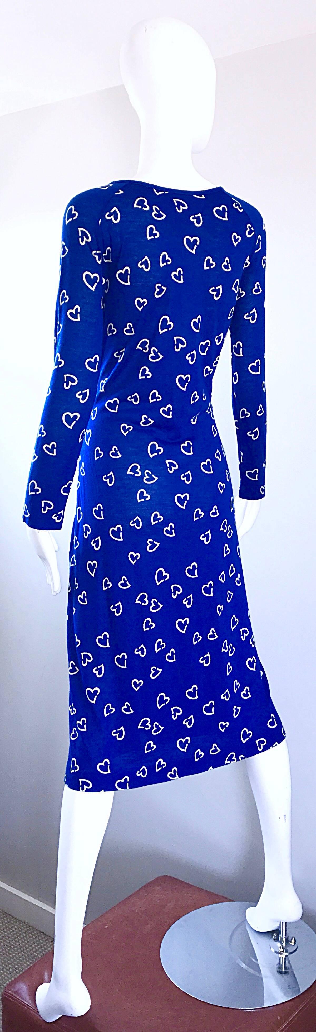 Rare 1970s Diane Von Furstenberg Royal Blue + White Heart Vintage 70s Dress  2