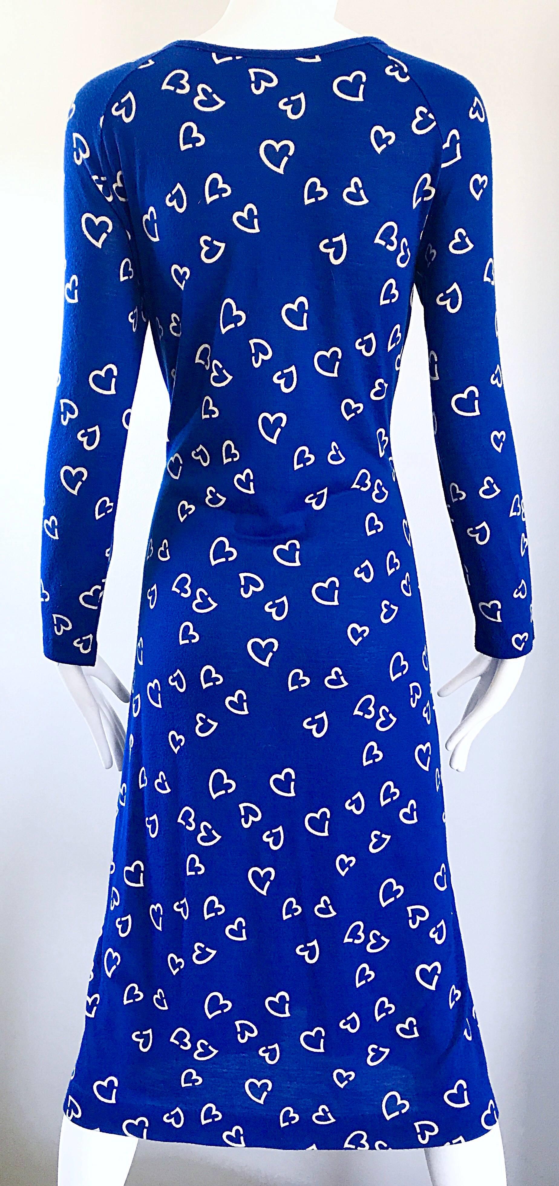 Rare 1970s Diane Von Furstenberg Royal Blue + White Heart Vintage 70s Dress  3