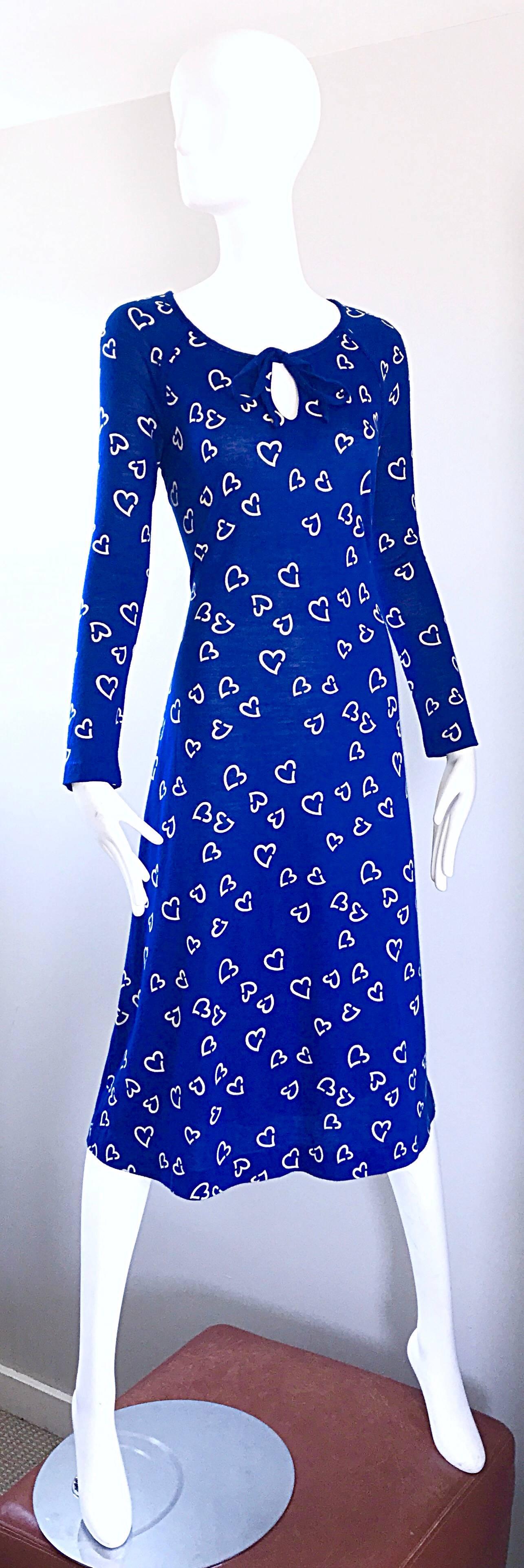 Rare 1970s Diane Von Furstenberg Royal Blue + White Heart Vintage 70s Dress  4