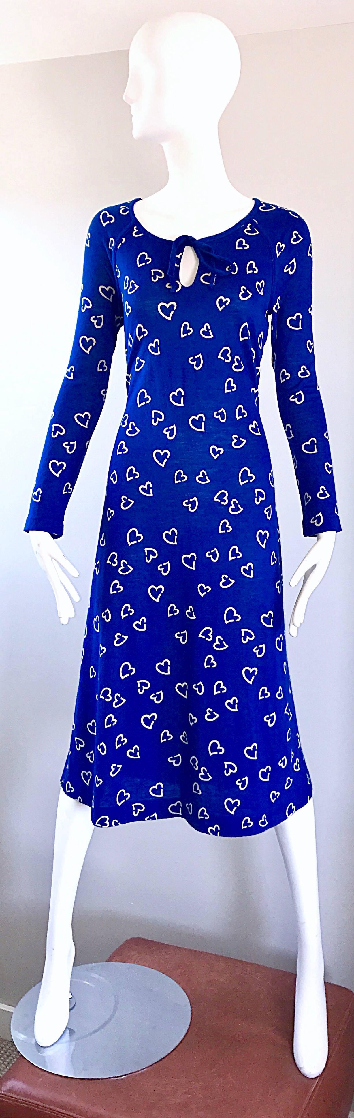 Rare 1970s Diane Von Furstenberg Royal Blue + White Heart Vintage 70s Dress  5