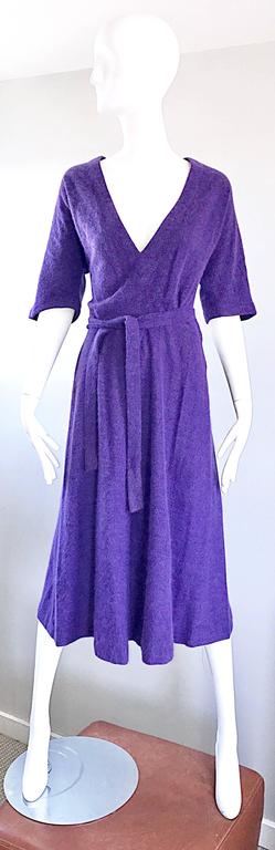 Chic 70s ROBERTA DI CAMERINO jewel toned purple 3/4 sleeve angora and mohair belted dress! Features the softest wool blend fabric that feels amazing against the skin! Sleek tailored bodice with a full skirt. Detachable tie belt. Hidden metal zipper