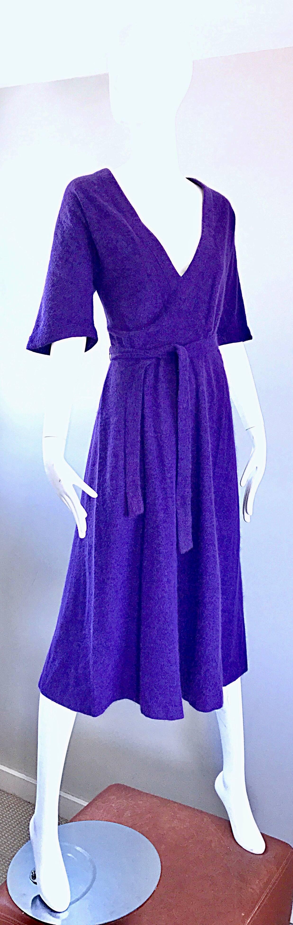 1970s Roberta di Camerino Purple Angora Mohair Purple 3/4 Sleeves Vintage Dress In Excellent Condition For Sale In San Diego, CA