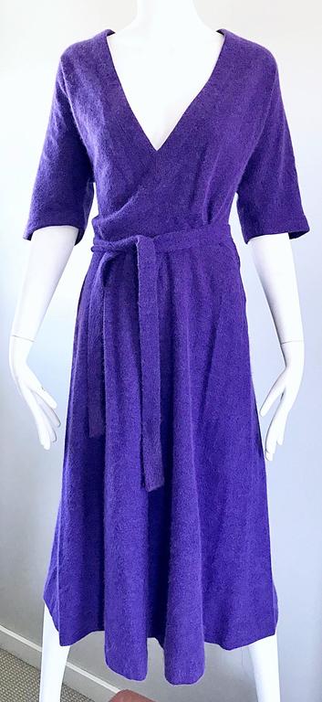 1970s Roberta di Camerino Purple Angora Mohair Purple 3/4 Sleeves Vintage Dress For Sale 2