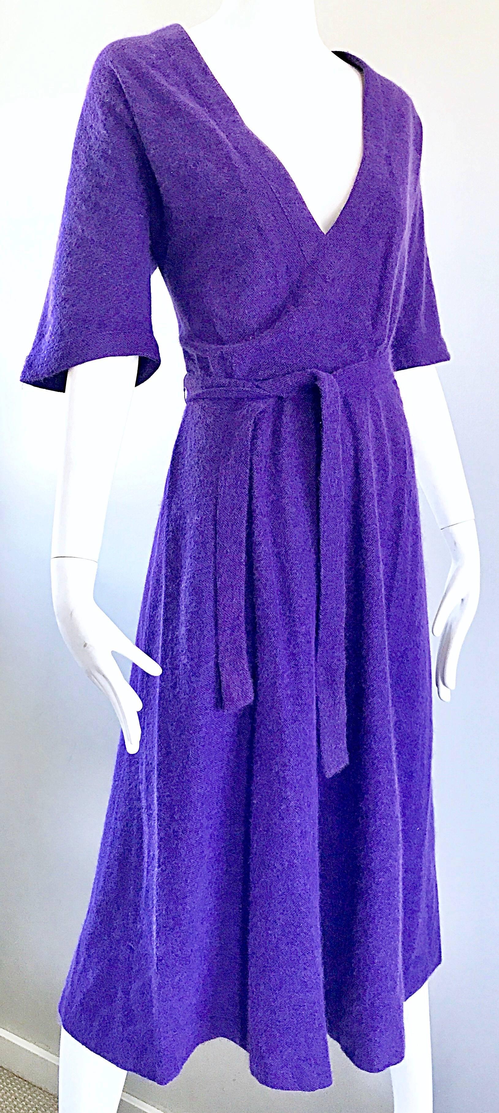 1970s Roberta di Camerino Purple Angora Mohair Purple 3/4 Sleeves Vintage Dress For Sale 3