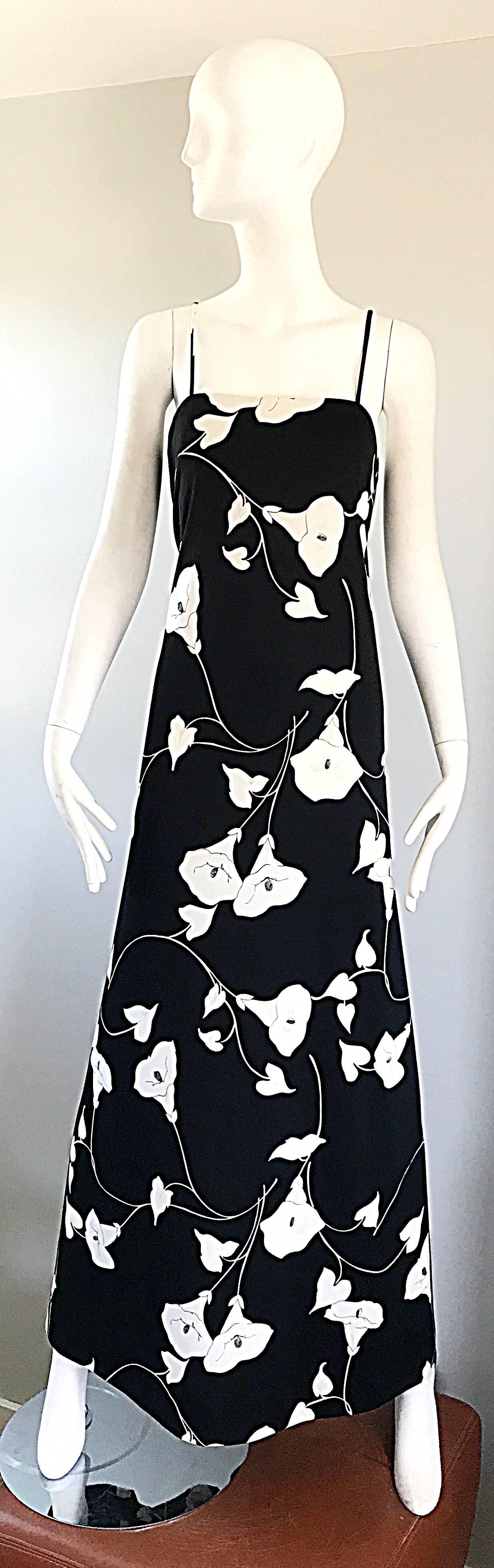 Luis Estevez 1970s Black and White Tulip Print Vintage 70s Maxi Dress Gown  5