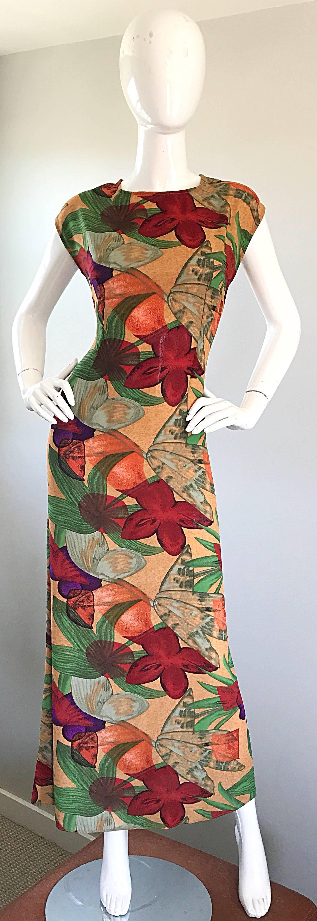 Gorgeous (brand new with original store tags) vintage HALSTON vibrant colored Hawaiian / Tropical print maxi dress! Features a terracotta backdrop with brightly colored abstract flowers in purple, red, orange, sorbet, green, and tan throughout.