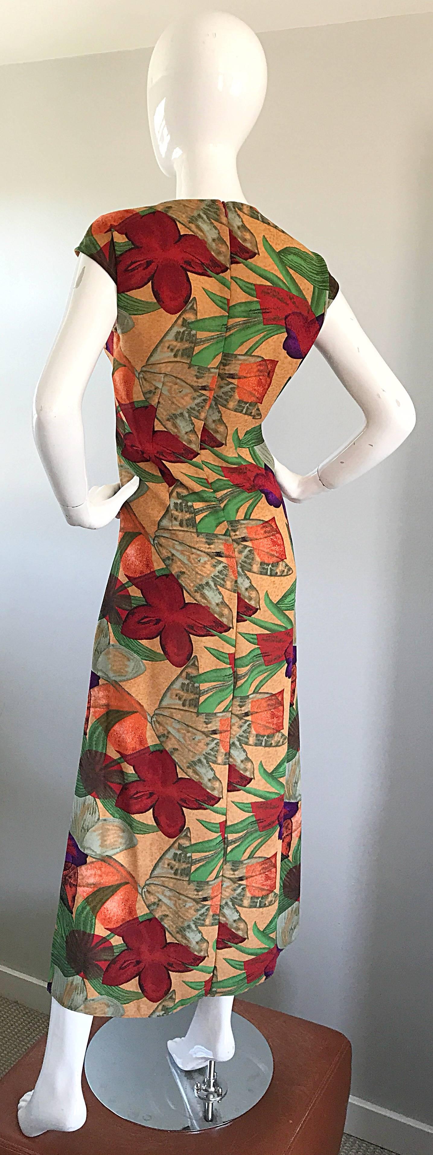 Women's Vintage Halston Gorgeous Size 8 Botanical Tropical Print Cap Sleeve Maxi Dress