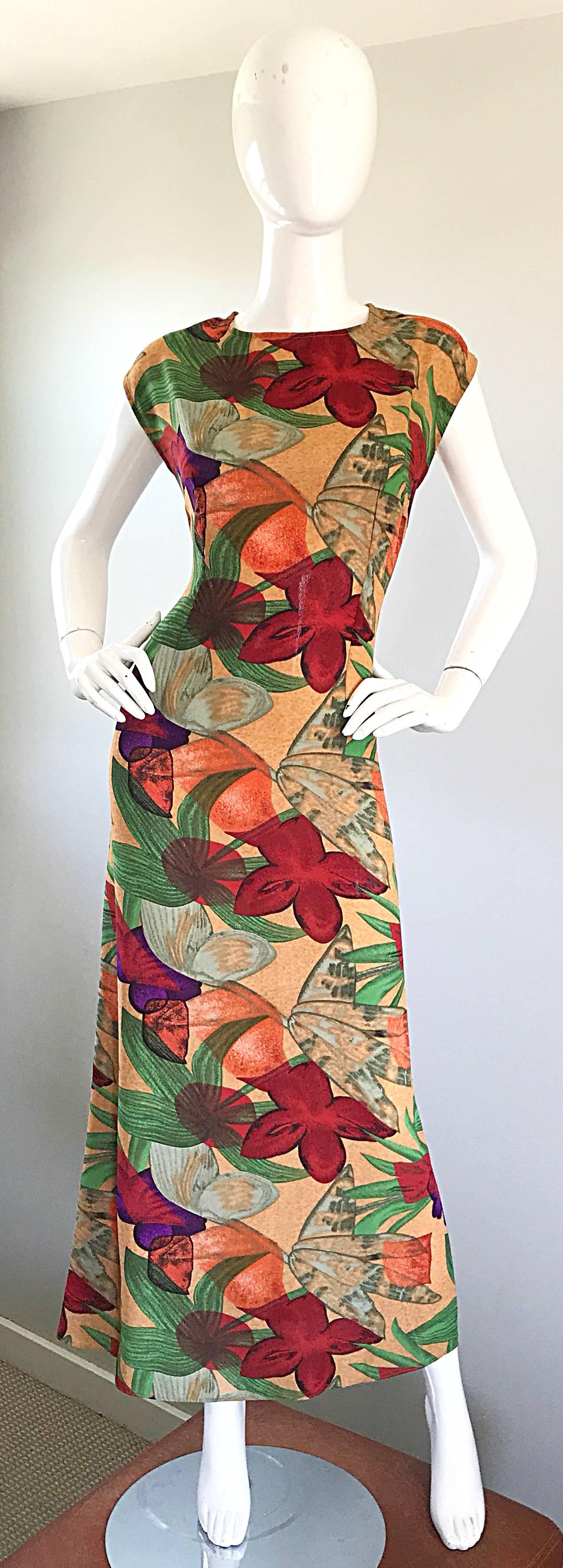 Vintage Halston Gorgeous Size 8 Botanical Tropical Print Cap Sleeve Maxi Dress 1