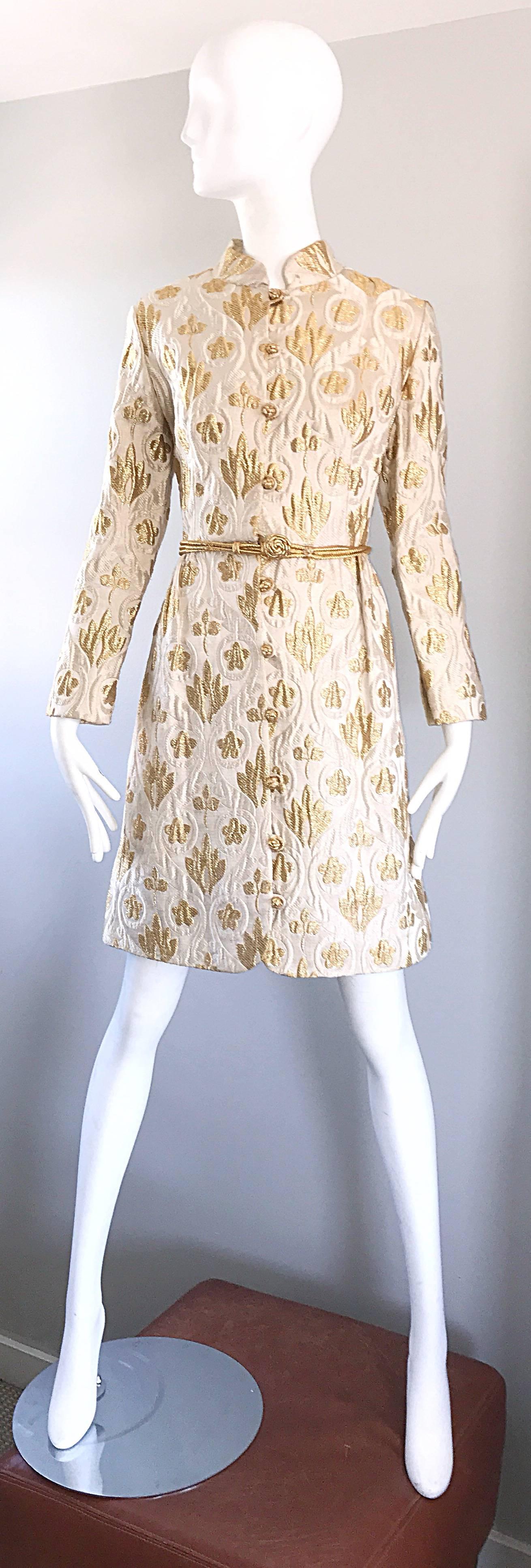 Chic 1960s VICTOR COSTA Romantica for Lord and Taylor gold and ivory metallic silk brocade long sleeve dress! Features a detachable gold cord belt, with 10 gold embroidered buttons up the front, with hook-and-eye closure at the waist. Pocket at each
