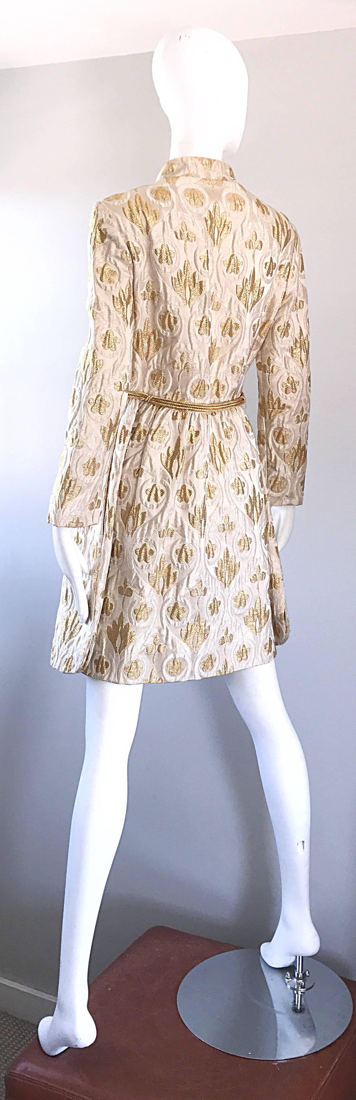 Victor Costa Romantica 1960s Gold + Ivory Silk Brocade Vintage 60s Belted Dress In Excellent Condition In San Diego, CA