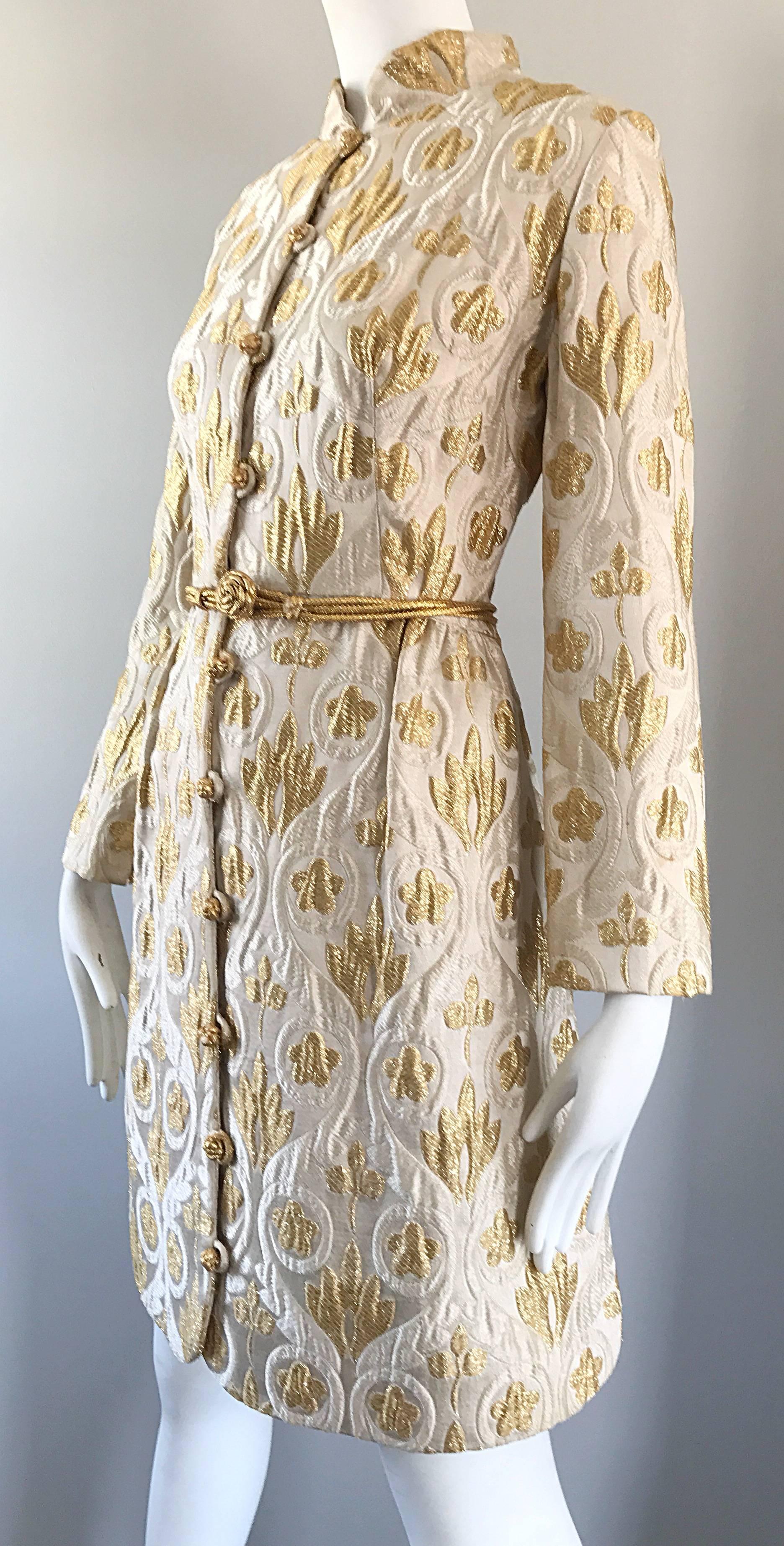 Women's Victor Costa Romantica 1960s Gold + Ivory Silk Brocade Vintage 60s Belted Dress