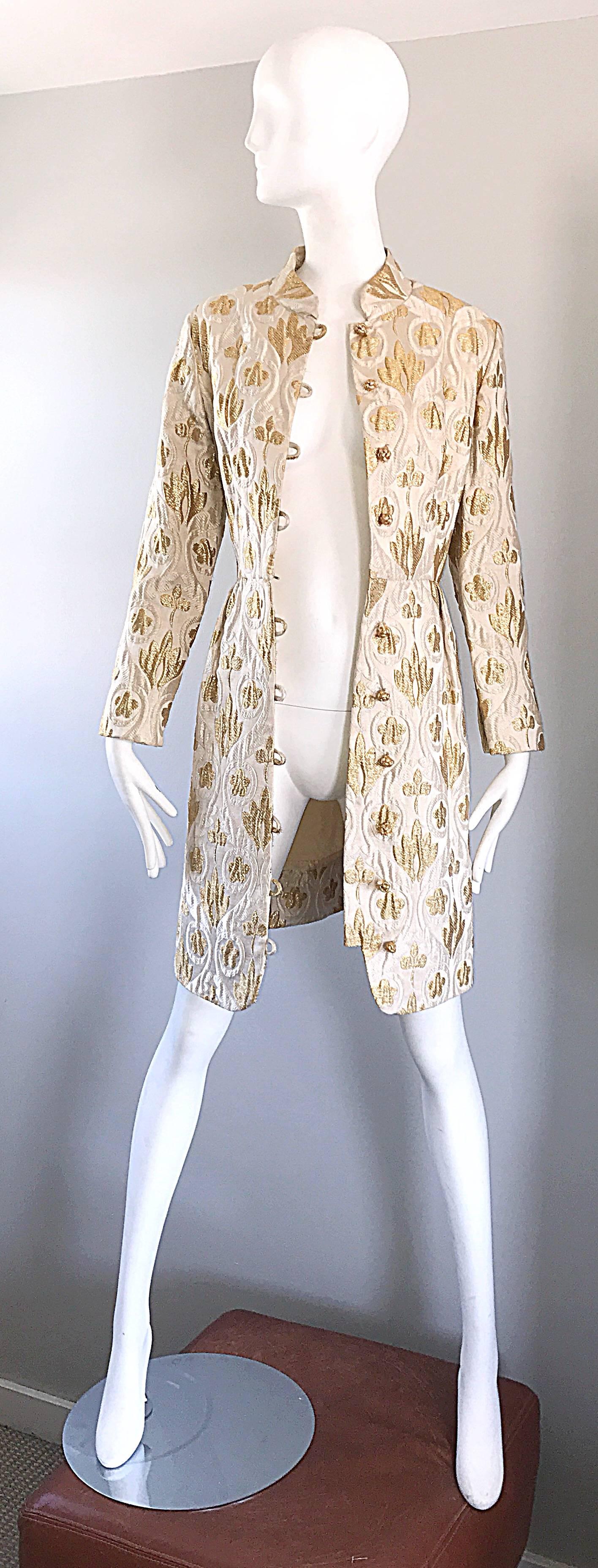 Victor Costa Romantica 1960s Gold + Ivory Silk Brocade Vintage 60s Belted Dress 2