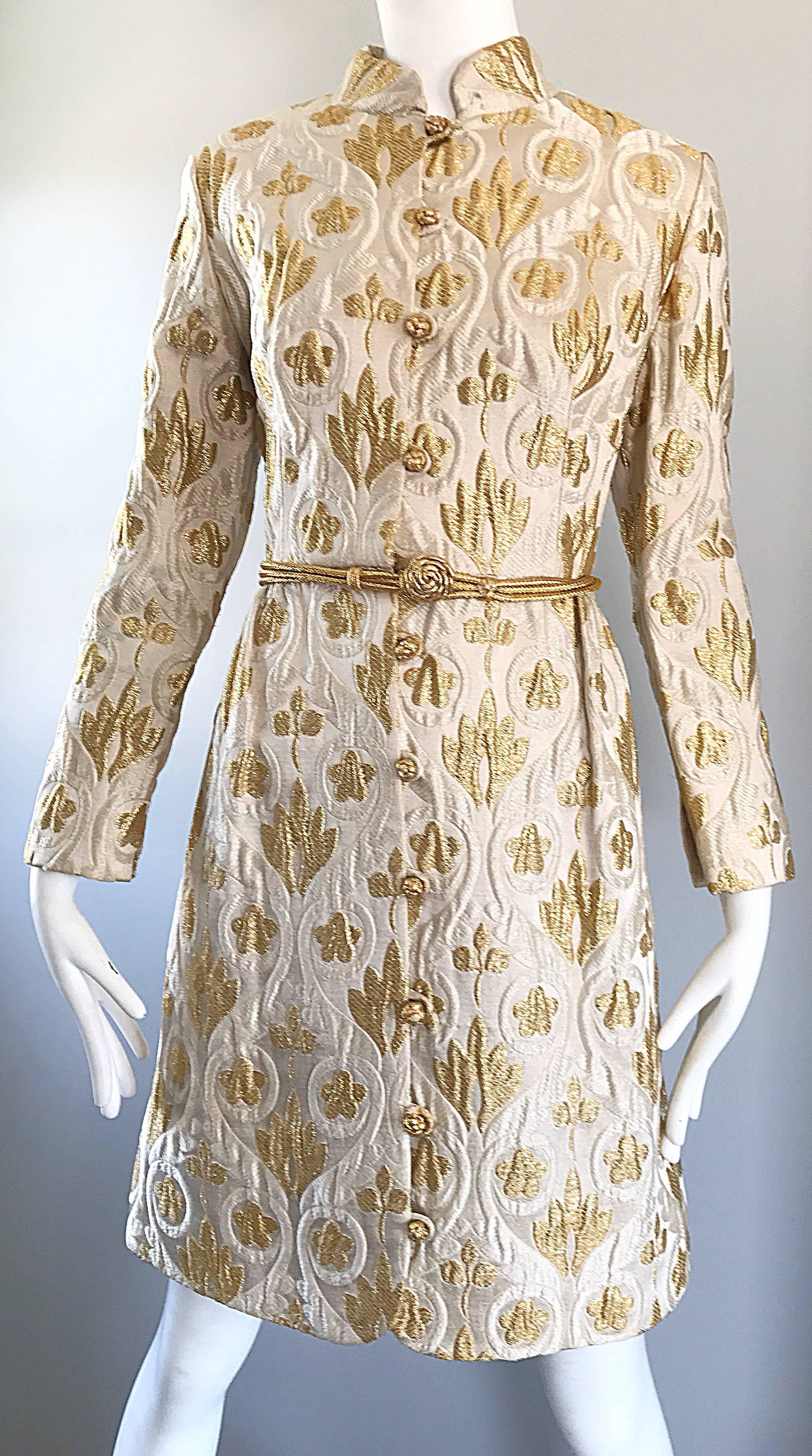 Victor Costa Romantica 1960s Gold + Ivory Silk Brocade Vintage 60s Belted Dress 3